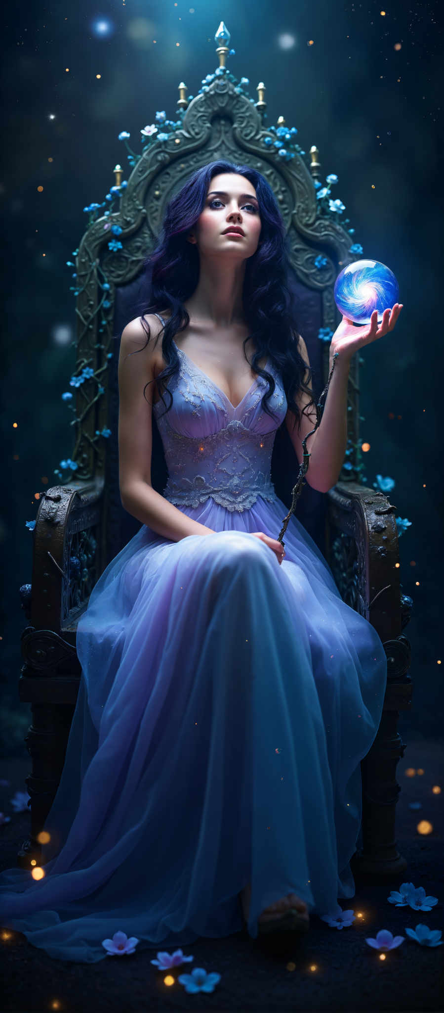 A woman in a purple dress sits on a throne holding a blue crystal ball. The throne is ornate and blue with gold accents. The woman's dress is made of a shiny fabric and has a low neckline. The crystal ball she holds is blue and has gold accents on it. The background is dark and has blue and gold accents as well. The art style is surreal and the subject is a woman. The motif is a throne and a crystal ball which are both symbols of power and mystery. The colors in the image are predominantly blue and purple with some gold accents creating a sense of royalty and mysticism.