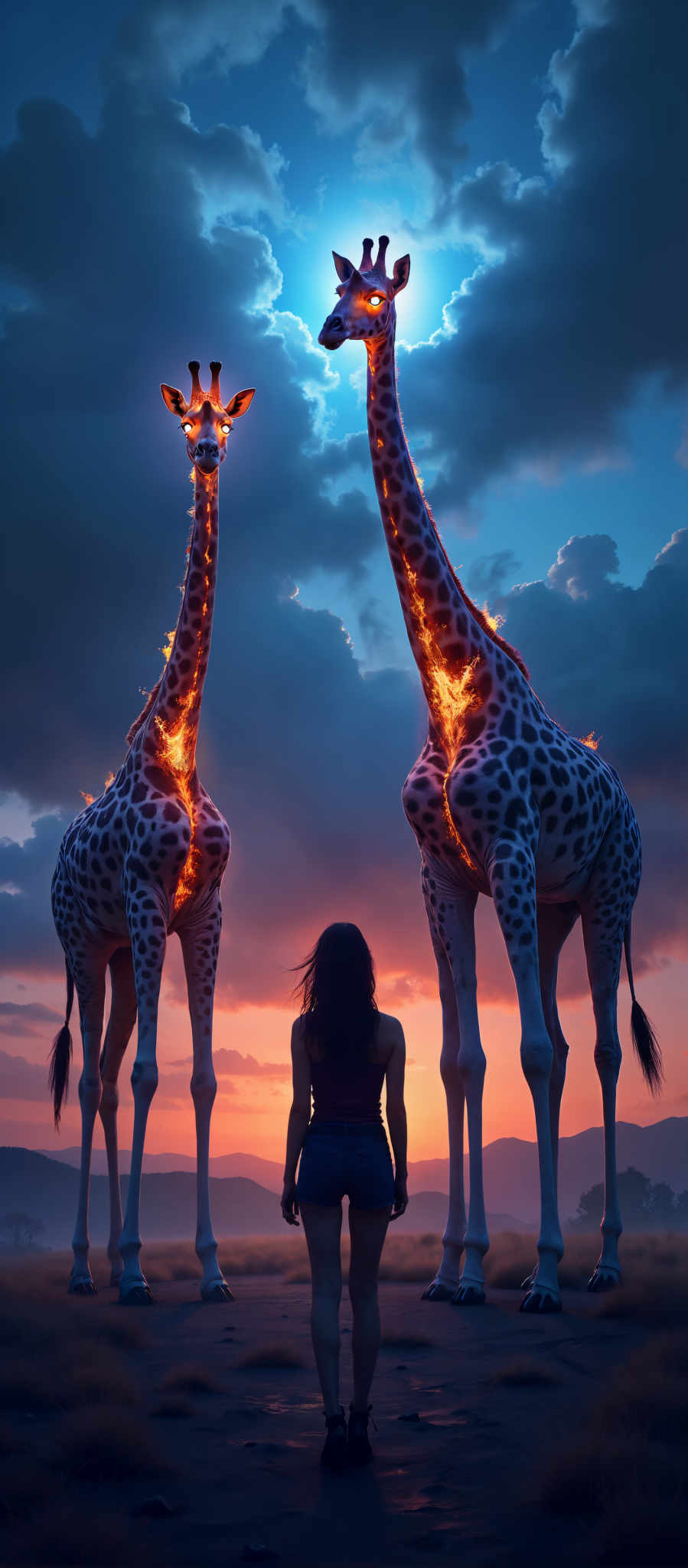 The image captures a serene scene of two giraffes standing on a cliff at sunset. The giraffees adorned with a pattern of orange and black spots are silhouetted against the backdrop of a pink and orange sky. The tallest giraffe is on the left while the shorter one is on its right. The horizon line is visible in the distance adding depth to the scene. A woman is standing in front of the giraffee on the right looking up at it. The overall mood of the image is peaceful and tranquil evoking a sense of awe and wonder at the beauty of nature.