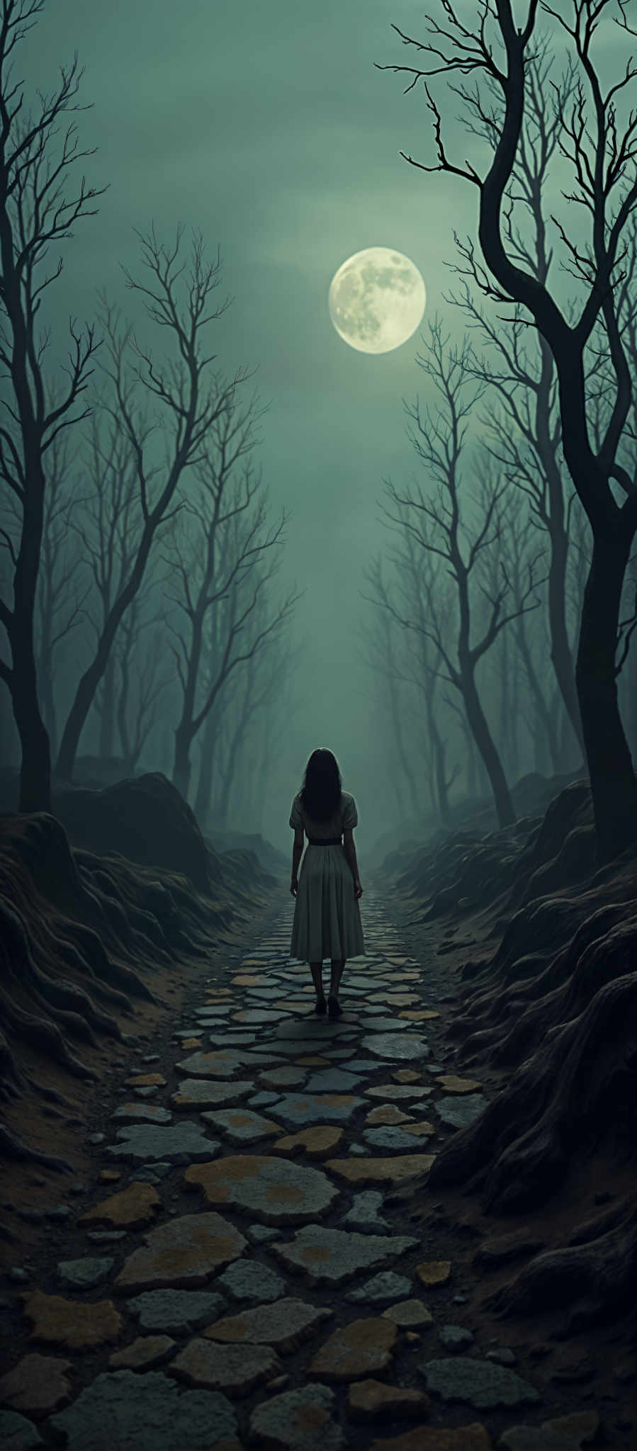 In the heart of a dark forest a young woman embarks on a solitary journey. She is seen walking away from the camera her back to us adding an air of mystery to the scene. The path she treads is made of cobblestones each one unique leading her deeper into the shadows. The trees bare and twisted tower over her their branches reaching out like skeletal fingers against the dark sky. The colors in the image are predominantly dark creating a sense of foreboding but the woman's white dress stands out a stark contrast to the surrounding darkness. The art style is reminiscent of the works of Edgar Rice evoking a sense nostalgia and eeriness. The subject of the image is the woman her journey and the forest that surrounds her. The motif is one of solitude and mystery as the woman ventures into the unknown.