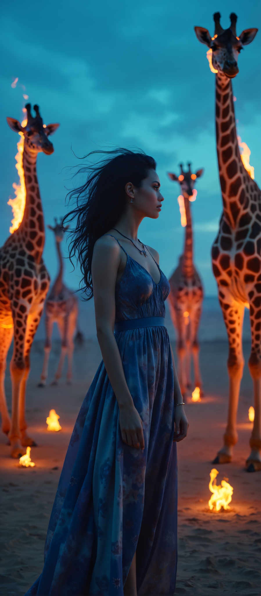 A woman in a blue dress stands in front of a group of giraffes. The giraffees are illuminated by orange lights creating a surreal atmosphere. The woman's long black hair flows in the wind adding a sense of movement to the scene. The background is a dark blue sky providing a stark contrast to the vibrant colors of the giraffee lights and the woman's blue dress. The art style is surreal with the combination of the woman and the giraffe lights creating an otherworldly scene. This image captures a moment of solitude and wonder as the woman stands alone in front the majestic giraffoes.