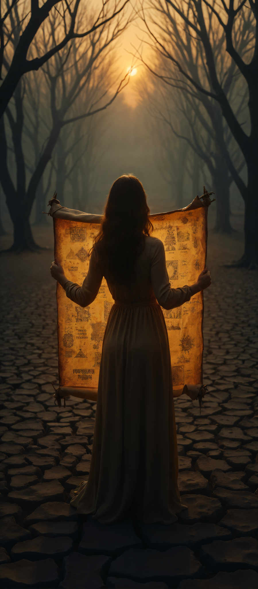 A woman in a long dress stands in a forest holding a large yellow paper with a map on it. The woman's long hair cascades down her back and she is dressed in a flowing long dress. The forest around her is dark with the trees and leaves barely visible in the dim light. The paper she holds is a vibrant yellow with a detailed map printed on it including a castle and a river. The scene is serene and somewhat mysterious with an air of anticipation. The colors in the image are predominantly yellow green and brown creating a warm and inviting atmosphere. The art style is reminiscent of impressionism with its emphasis on capturing the mood and atmosphere of the scene rather than the precise details. The subject of the image is the woman and her map and the motif is the journey or exploration. The image evokes feelings of adventure and discovery as the woman stands in the forest ready to embark on her journey.