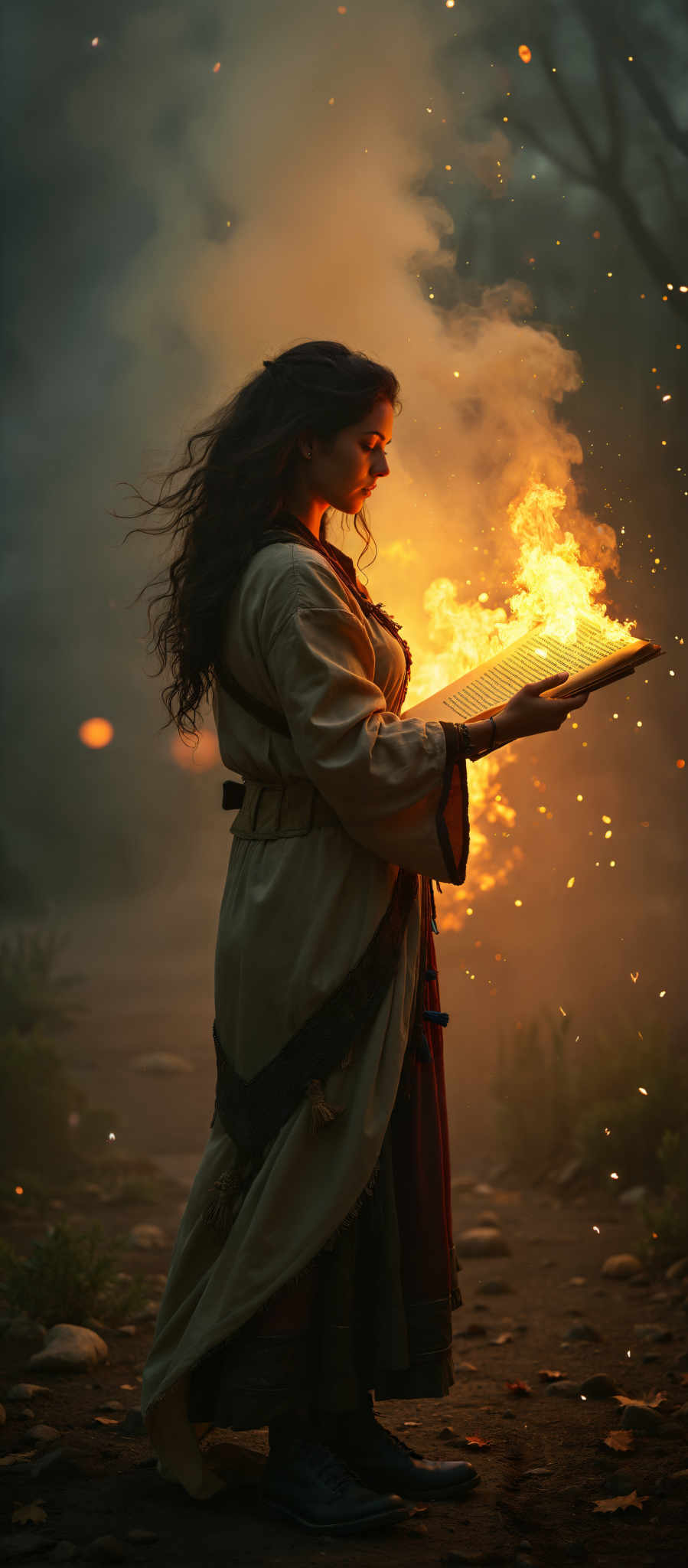 A woman in a white robe stands in front of a fire holding a book. The fire illuminates her face casting a warm glow on her features. The book she holds is open its pages visible. The background is dark with the fire being the only source of light. The woman's expression is one of concentration as if she is deeply engrossed in the book.