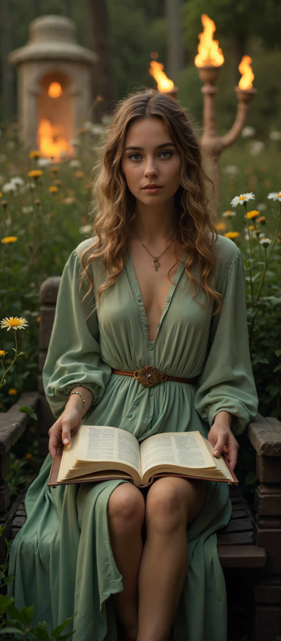 A young woman with long blonde hair is sitting on a wooden bench in a field of wildflowers. She is wearing a green dress and a gold belt. In her hands she holds an open book. The scene is peaceful and serene with the woman appearing to be engrossed in the book.