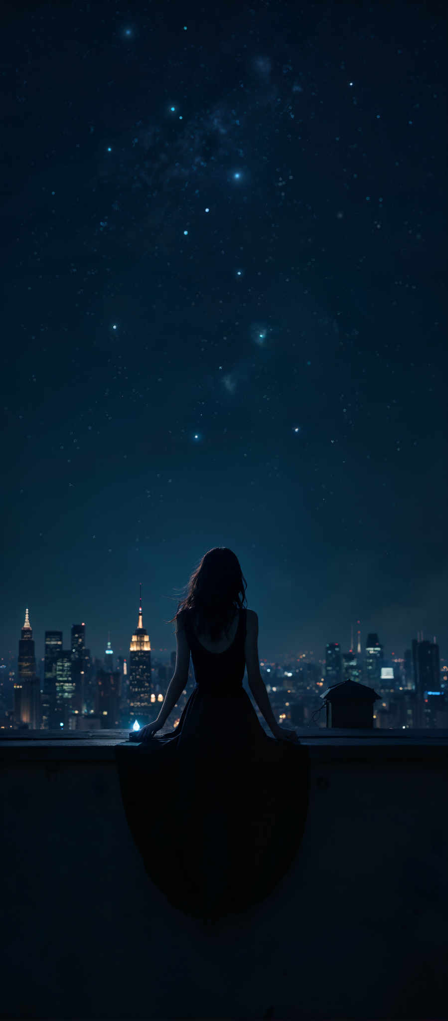 A woman in a black dress stands on a rooftop gazing out at the city skyline. The city is illuminated with a myriad of lights creating a vibrant backdrop against the dark sky. The woman's silhouette is stark against the cityscape adding a sense of depth and contrast to the scene. The art style is reminiscent of impressionism with its emphasis on capturing the fleeting effects of light and color. The subject is the woman who is positioned in the center of the image drawing the viewer's attention. The motif is the juxtaposition of the individual against the vastness of the city evoking a sense or solitude and contemplation.