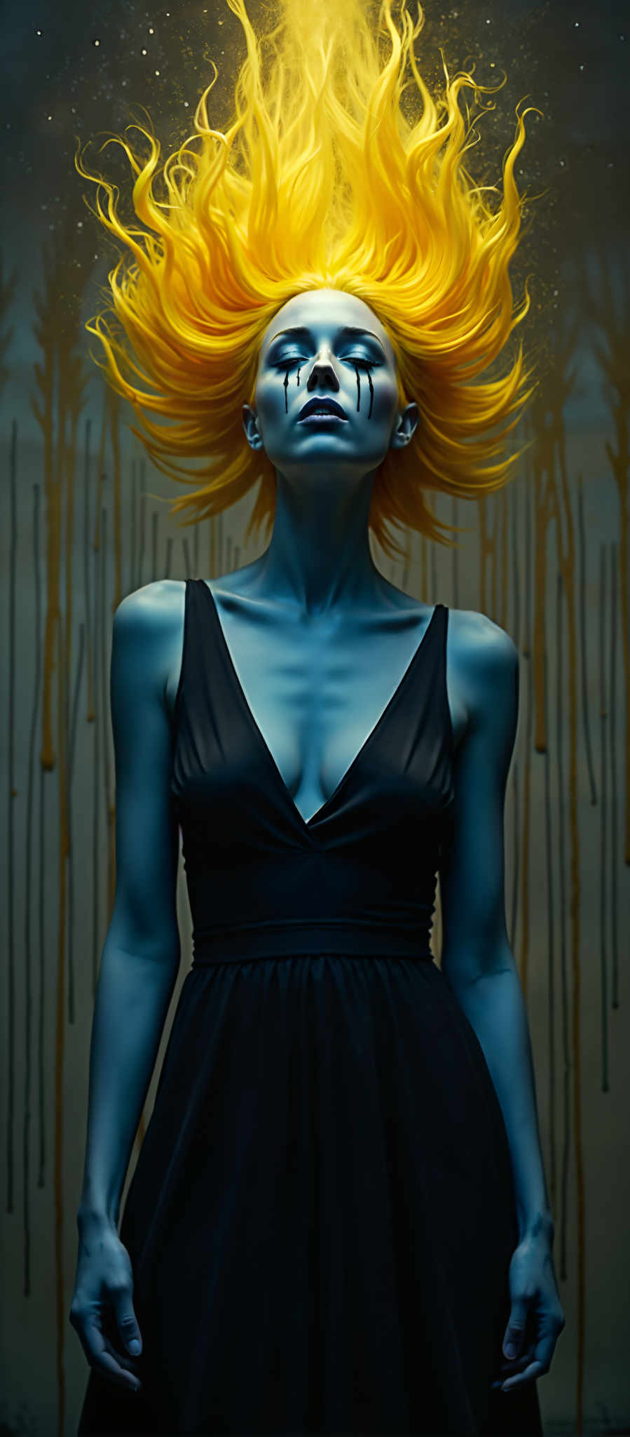 The image portrays a woman with vibrant blue skin and hair standing against a backdrop of black and yellow lines. She is dressed in a black dress adding a stark contrast to her blue appearance. Her gaze is directed upwards and to the left suggesting a sense of contemplation or wonder. The overall art style of the image is surreal blending reality with the fantastical. The subject of the artwork is the woman who is the central focus of the composition. The motif of the piece is the exploration of identity and the human condition as seen through the lens of surrealism.