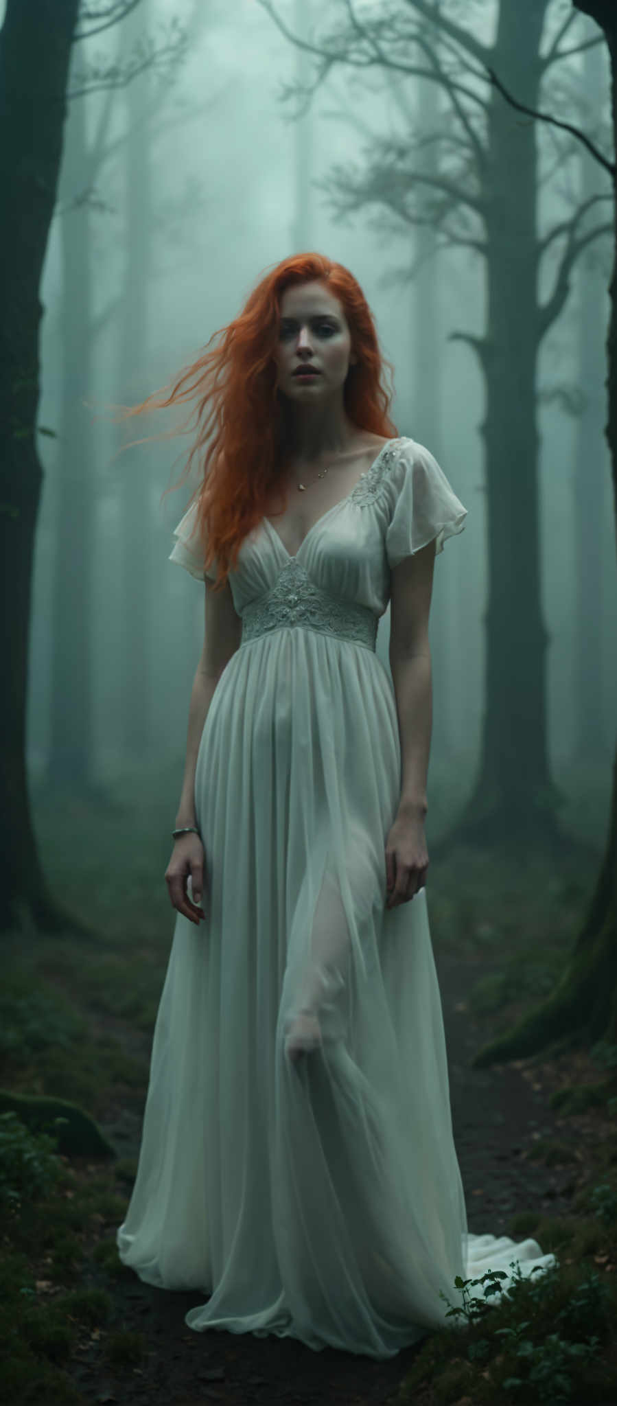 A woman with long red hair stands in a misty forest. She is wearing a white dress with a lace neckline and a long skirt. The dress is long enough to reach her ankles. The woman's hair is styled in loose waves adding a sense of movement to the scene. The forest around her is filled with tall trees their trunks and leaves creating a dense canopy. The mist adds a dreamy quality to the photo making it seem as if the woman is in a different world. The colors in the photo are predominantly white red and green creating a striking contrast. The art style of the photo is romantic with a focus on the woman and her surroundings. The subject of the image is the woman and the motif is the misty romantic forest setting.