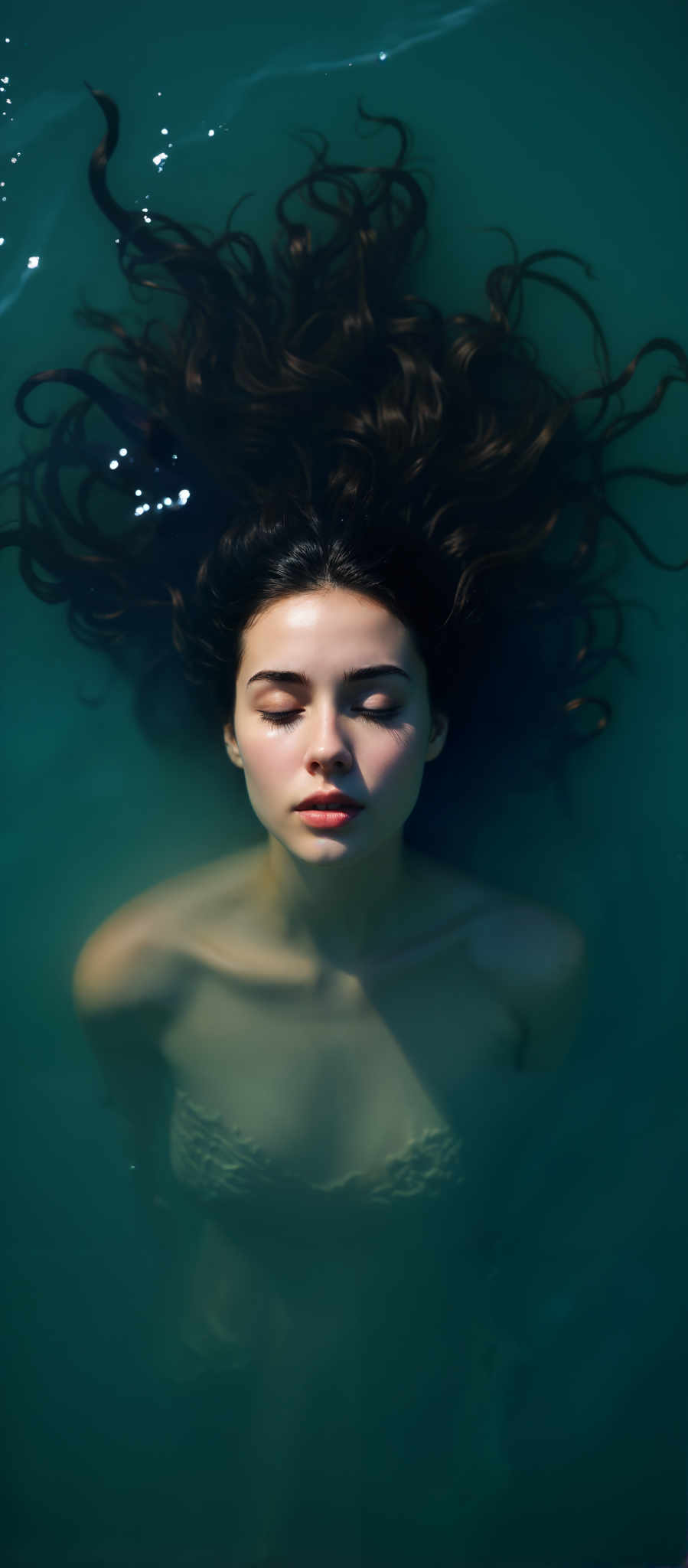 The image captures a serene moment of a young woman in a pool of water. Her long dark hair cascades down her back contrasting with her light skin. She is dressed in a white swimsuit which stands out against the blue-green water. The woman is lying on her back with her eyes closed suggesting a moment of relaxation or perhaps even sleep. The water around her is calm with only a few ripples disturbing the surface. The overall mood of the image is peaceful and tranquil. The art style is realistic capturing the details of the woman and the water with precision. The subject of the photo is the woman and the motif is the peacefulness of the moment.