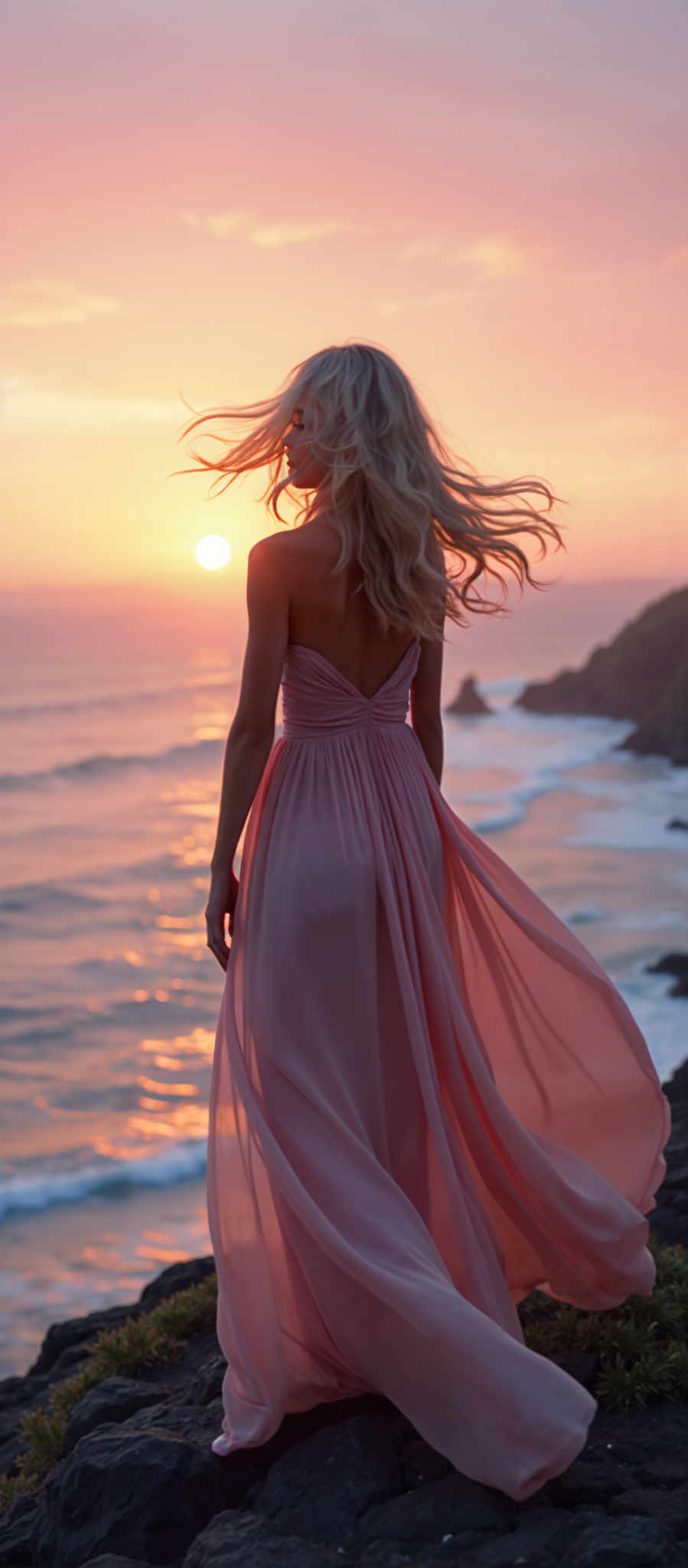 A blonde woman in a pink dress stands on a cliff overlooking the ocean at sunset. The dress is strapless and features a sweetheart neckline. The woman's hair is styled in loose waves adding to the romantic atmosphere. The sky is painted with hues of orange and pink as the sun sets casting a warm glow on the scene. The ocean below mirrors the sky's colors creating a harmonious blend of natural beauty. The cliff on which the woman stands provides a vantage point emphasizing the vastness of the ocean and the sky. The image captures a moment of tranquility and introspection as the woman appears to be lost in thought amidst the breathtaking scenery.