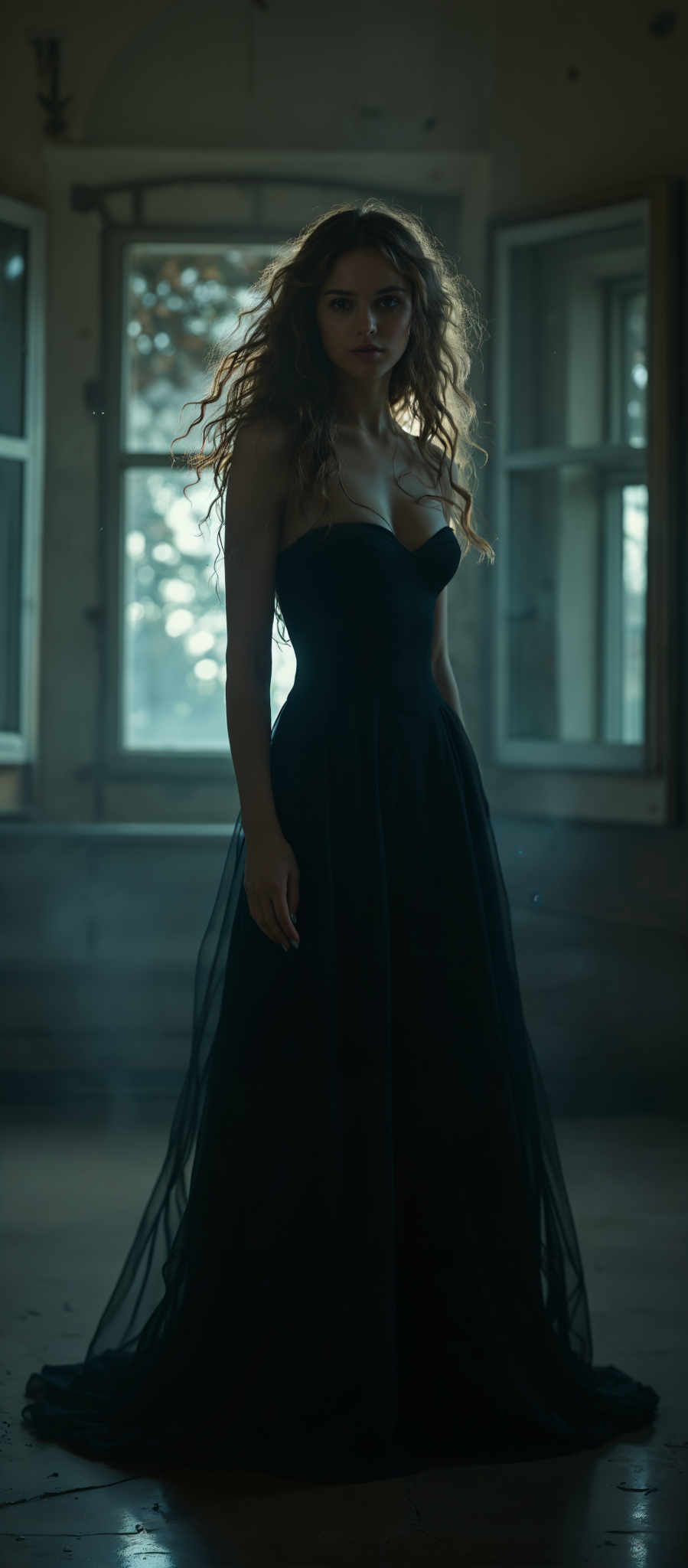 A woman in a black dress stands in front of a window. The dress is strapless and features a high neckline. The woman's hair is styled in loose curls. The background is dark and foggy creating a mysterious atmosphere. The window behind her is open suggesting a cool or breezy day. The overall mood of the image is moody and introspective. The colors are predominantly black and gray with hints of blue and green from the window and the fog. The art style is dramatic and evocative with a focus on the woman's figure and the contrast between her black dress and the lighter background. The subject of the photo is the woman and the motif is the interplay between light and shadow as well as the contrast of the woman against the dark background.