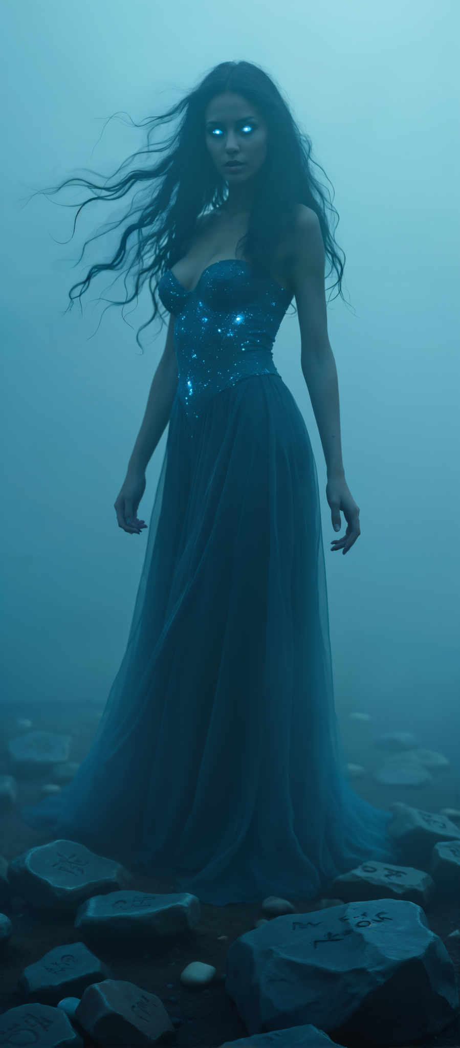 A woman in a blue dress stands in a misty environment. The dress is long and features a sequin top and a flowing skirt. The woman's hair is styled in loose waves adding to the ethereal atmosphere. The background is a foggy blue with rocks and plants barely visible in the distance. The art style is dreamy and surreal evoking a sense of wonder and mystery. The subject is the woman and the motif is the misty landscape. The colors are predominantly blue and green with the blue of the dress and the mist contrasting with the green of the plants and rocks. The image is a beautiful representation of a woman in harmony with nature captured in a moment of serene beauty.