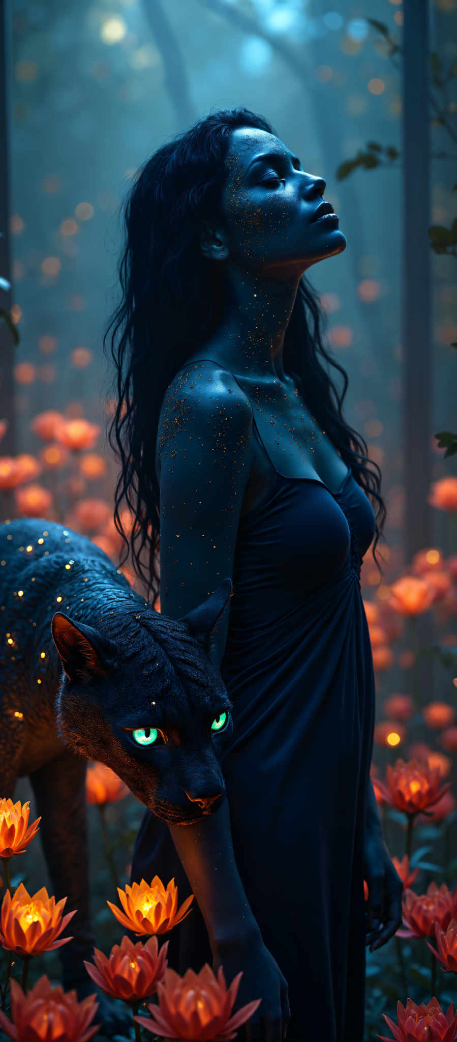 The image portrays a woman in a blue dress standing in a forest. The woman's long black hair cascades down her back contrasting with her blue dress. The dress is adorned with gold sequins adding a touch of glamour to her appearance. The forest around her is filled with orange flowers creating a warm and inviting atmosphere. The art style of the image is surreal with a focus on the woman and the forest. This image captures a moment of tranquility and beauty as the woman stands amidst the vibrant forest.