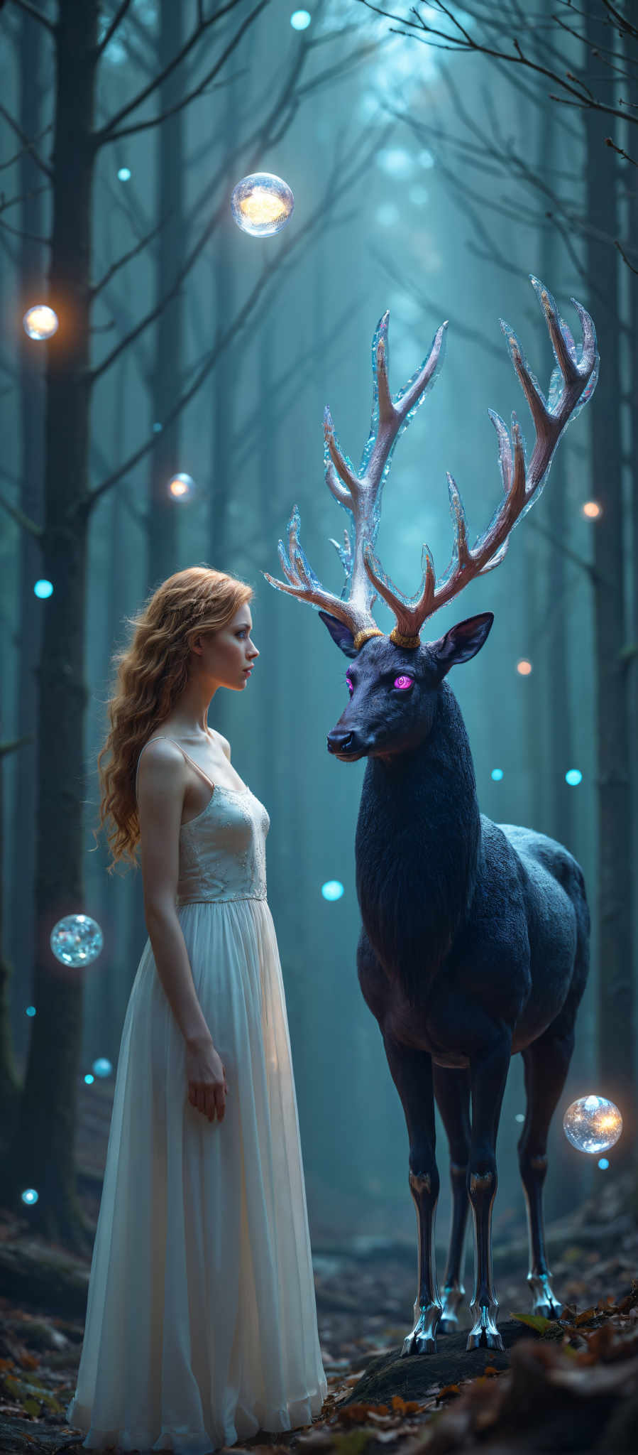 In the heart of a forest a young woman with long red hair stands in awe of a majestic blue deer. The deer adorned with large antlers gazes directly into the camera its eyes glowing a striking purple. The woman dressed in a white dress is positioned to the left of the deer her attention completely captivated by the creature. The forest around them is filled with trees and blue orbs creating a surreal and enchanting atmosphere. The image captures a moment of wonder and connection between human and animal in a dreamlike setting.