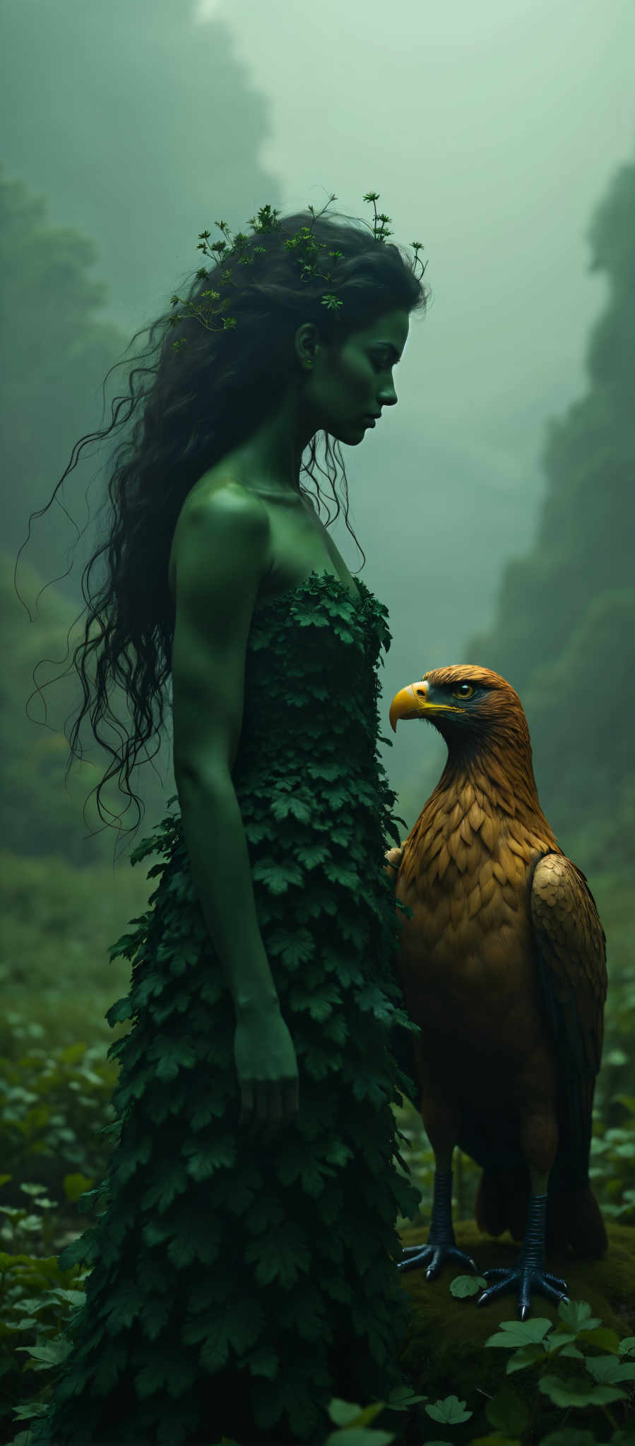 The image portrays a scene from a fantasy world. At the center of the image is a woman with long dark hair. She is adorned in a green dress that is made of leaves giving her an ethereal and mystical appearance. Her gaze is directed towards a golden eagle that is perched on a rock. The eagle with its wings spread wide seems to be in a state of alertness. The background of the scene is filled with fog and trees adding to the mystical and dreamlike atmosphere of the setting. The art style of the painting is reminiscent of the works of the Pre-Raphaelites a group of artists who rejected the classical style of painting in favor of a more realistic and detailed depiction of the world around them. The subject of the artwork is a mythical creature possibly a goddess or a fairy interacting with a bird of prey. The motif of the piece is the harmony between nature and the supernatural. The colors used in the painting are predominantly green and gold with the green of the woman's dress and the trees in the background contrasting with the golden color of the eagle. The overall mood of the art piece is one of mystery and enchantment.