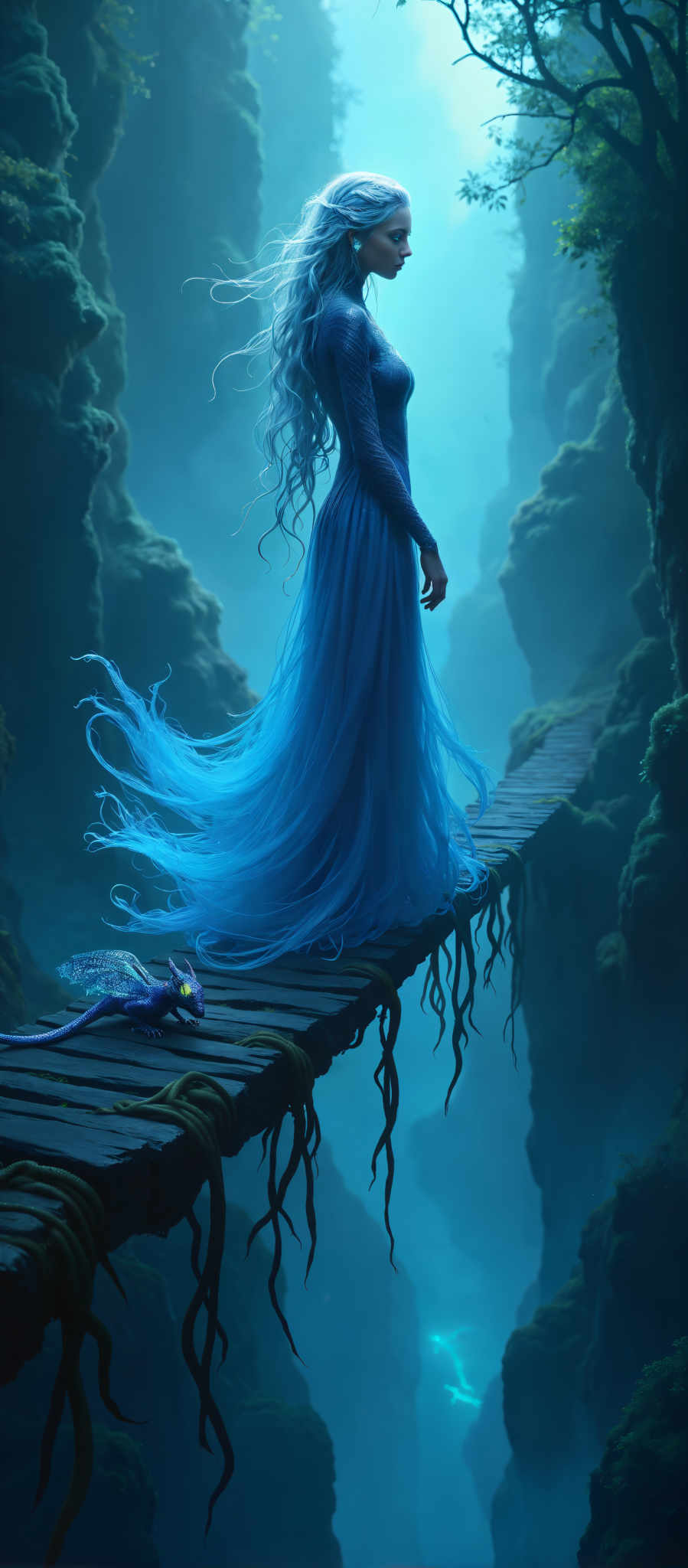 In the image a woman with long blue hair is standing on a wooden bridge. She is wearing a blue dress that matches her hair. The bridge is surrounded by a forest of green trees. On the bridge there is a small blue dragon. The woman is looking down at the dragon. This image has a fantasy art style. The colors in the image are mainly blue and green. The subject of the image is the woman and the dragon on the bridge. The motif of the subject is fantasy and magic.