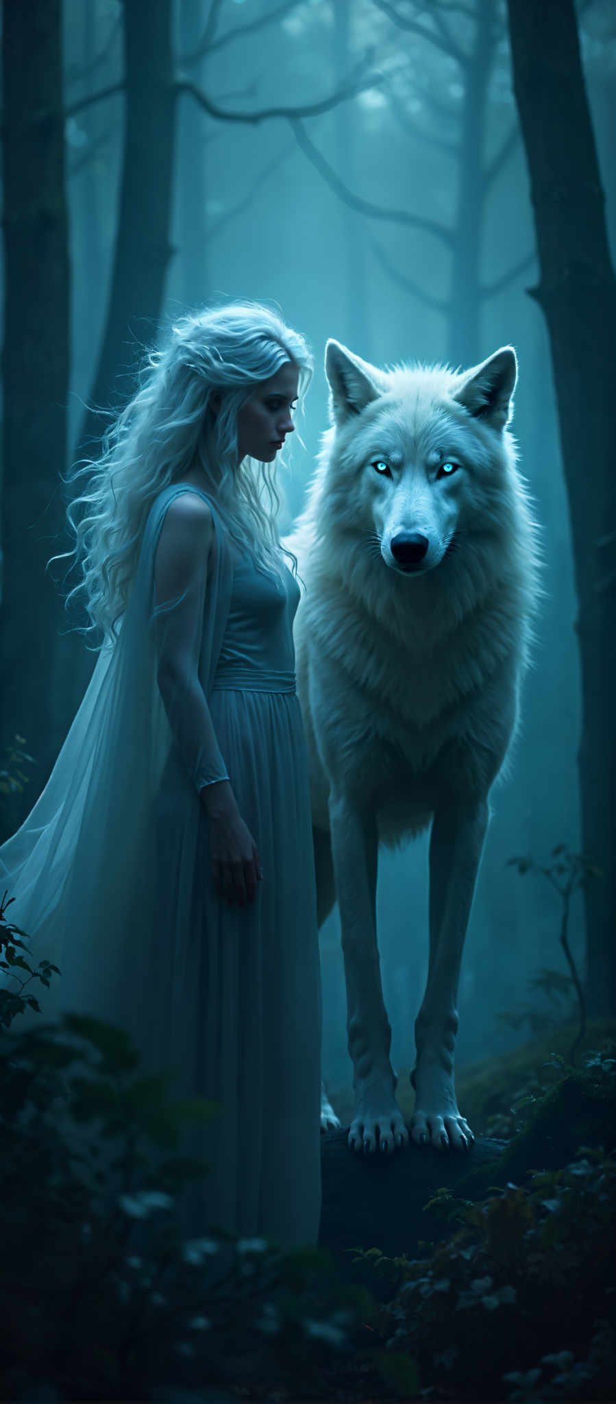 In the heart of a mystical forest a woman with long flowing white hair stands in awe of a majestic white wolf. The wolf with its piercing blue eyes is positioned on the right side of the image its gaze fixed on the woman. The woman dressed in a long white dress is on the left side of this captivating scene. The forest behind them is shrouded in darkness with only a few trees and bushes visible in the background. The overall mood of the photo is mysterious and enchanting evoking a sense of wonder and curiosity.