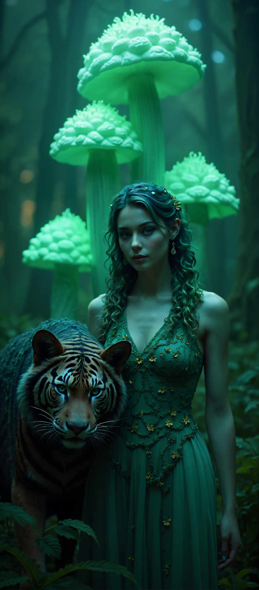 In the heart of a verdant forest a young woman with long curly hair cascades down her shoulders. Her hair is adorned with a crown of green leaves adding a touch of nature to her appearance. She is dressed in a green dress which is embellished with gold flowers blending seamlessly with the surrounding foliage.

Beside her a majestic tiger stands tall. Its stripes a mix of black and orange contrast sharply with the greenery around it. The tiger's gaze is fixed on the woman creating a sense of connection between them.

The forest in the background is dense with trees and ferns their leaves a vibrant green. The scene is bathed in a soft ethereal light enhancing the surreal quality of the image. The overall mood is one of tranquility and harmony as if time has slowed down in this magical forest.