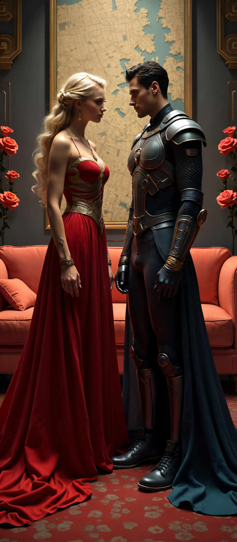 In the image two characters are standing in a room with a red couch. The character on the left is wearing a red dress with gold accents while the character on right is dressed in blue armor. The room is adorned with red roses and a map on the wall. The characters appear to be in a scene from a fantasy movie.