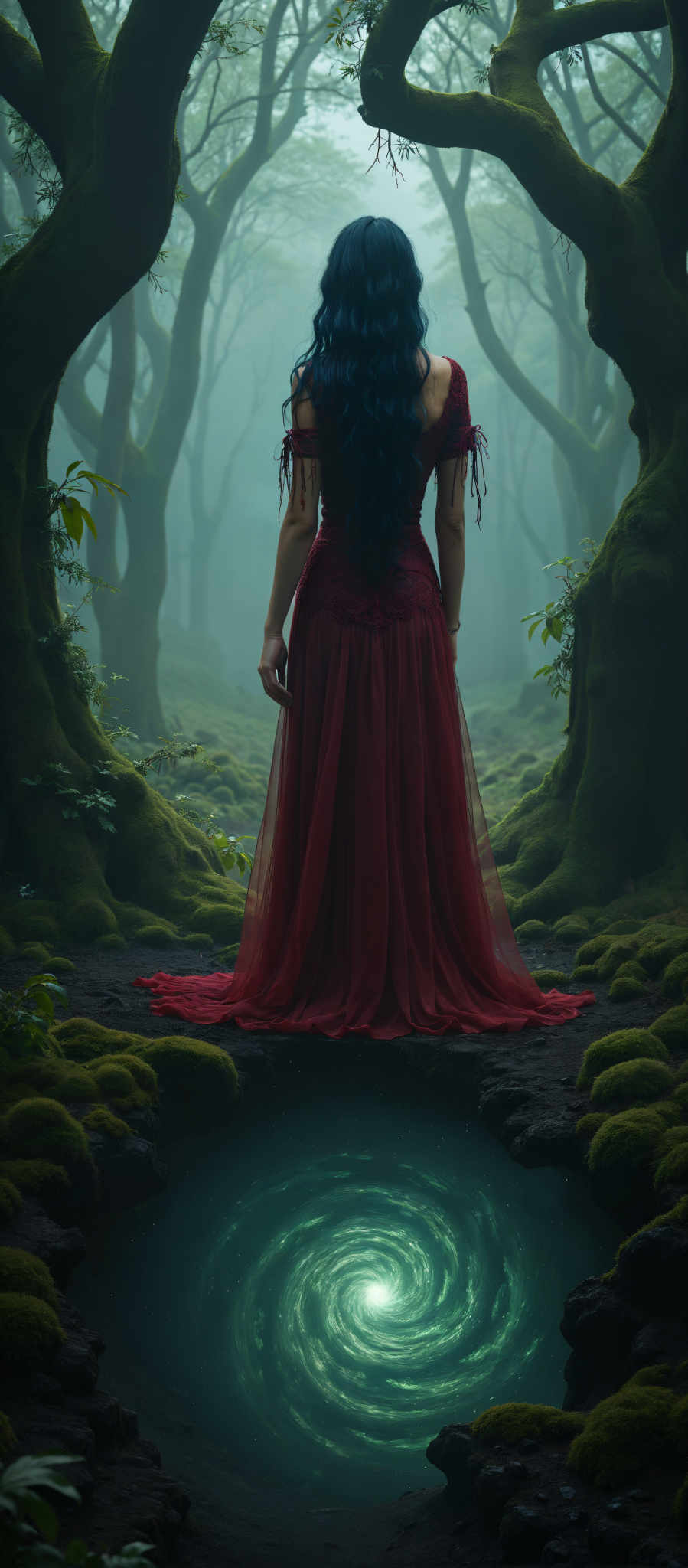 A woman in a long red dress stands in a forest. The dress is made of a sheer fabric giving it a ethereal quality. The woman's hair is styled in a high bun adding to the overall elegance of her appearance. The forest around her is filled with moss-covered trees creating a mystical atmosphere. The colors in the image are predominantly green and red with the red of the dress standing out against the greenery of the forest.