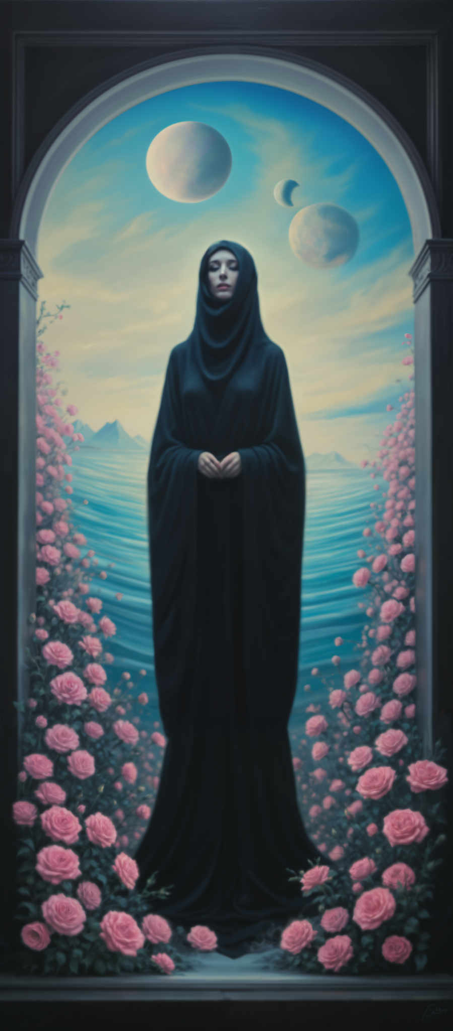 A woman in a black burka stands in front of a painting of a lake and mountains.