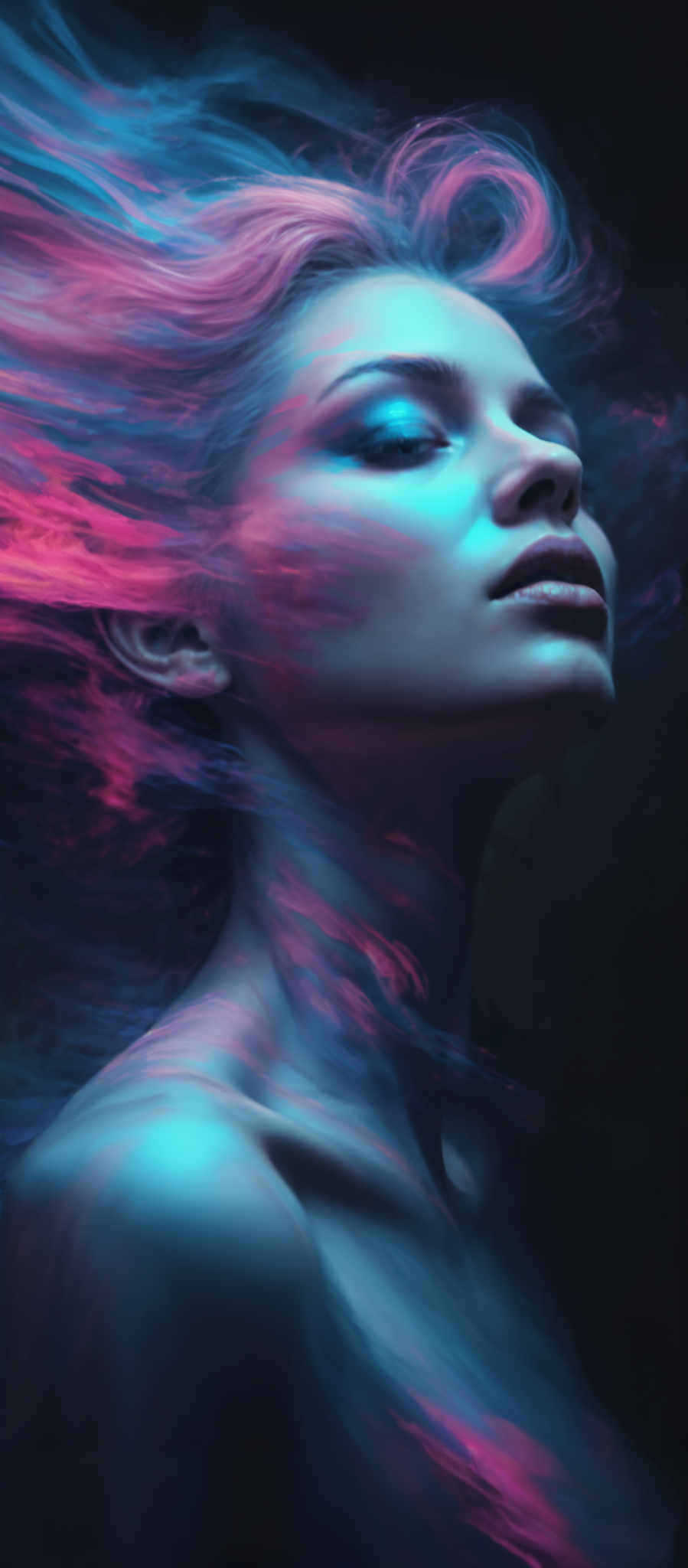 A woman's face is shown in a close-up shot. Her hair is a vibrant shade of pink and she is wearing a blue eyeshadow. The background is a swirl of blue and pink colors creating a dreamy and ethereal effect. The woman's gaze is directed upwards and to the left as if she is looking at something or someone. The image is slightly blurry adding a sense of movement and dynamism to the scene. The overall composition of the photo suggests a sense or mood of mystery and intrigue.