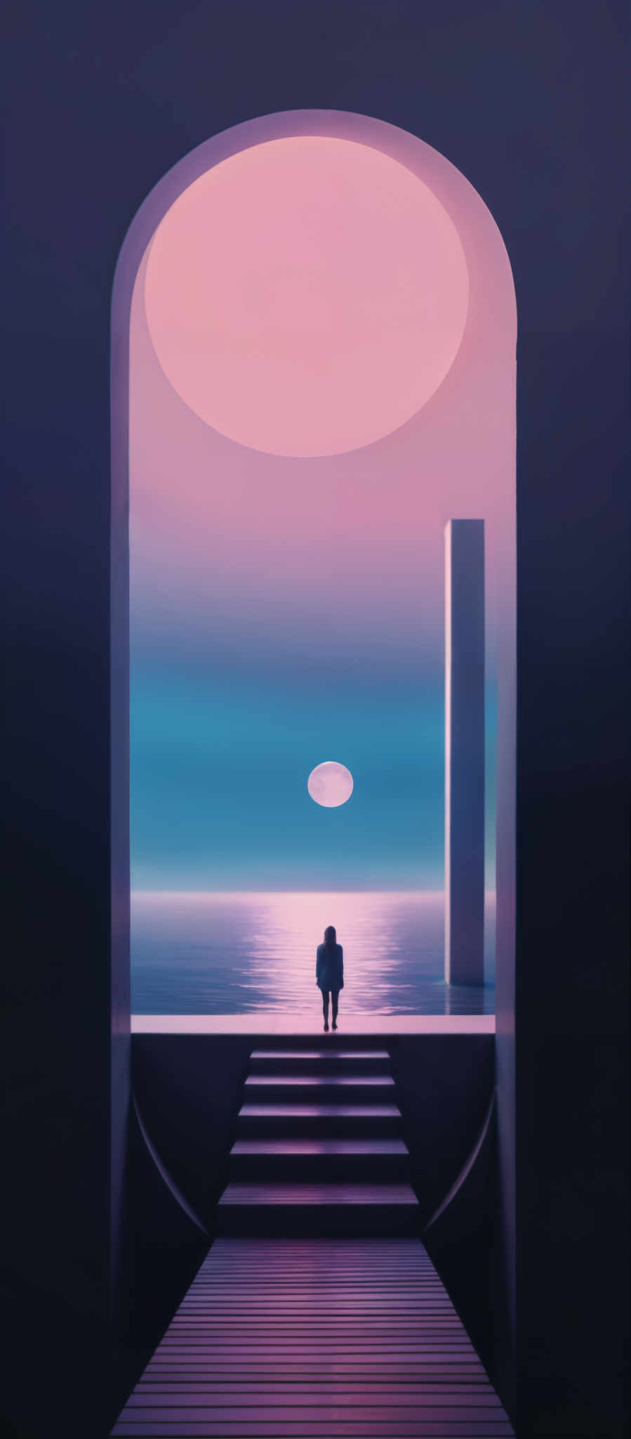 A woman stands in front of a large pillar with a full moon in the background.