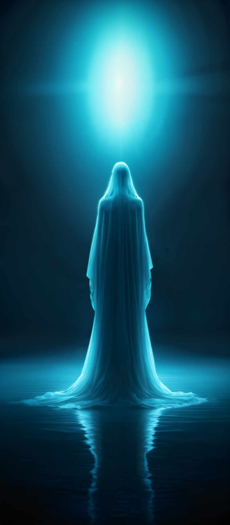 A blue ghost-like figure stands in a dark blue background. The figure is tall and slender with long arms and legs. It is dressed in a flowing white robe that is illuminated by a blue light. The robe is long and extends to the floor. The background is dark blue and has a gradient effect with the color becoming lighter towards the top. The blue light shines down on the figure casting a glow on the robe and creating a sense of mystery. The image does not contain any text or other objects. The relative position of the figure is central in the image with equal space on either side. The overall effect is a serene and mysterious atmosphere.