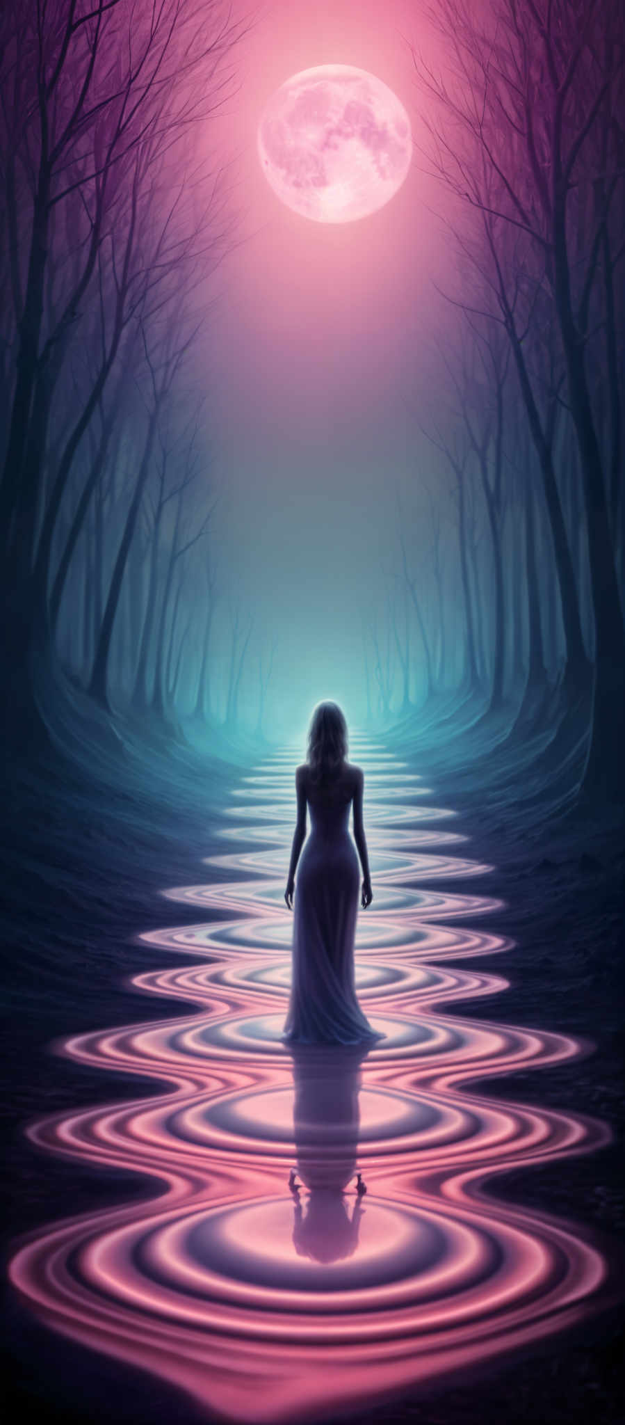 A woman in a long white dress walks down a path in a forest. The path is illuminated by a blue and pink light.