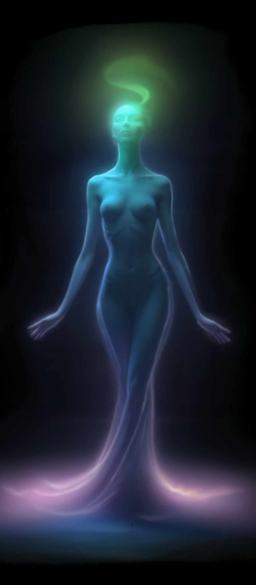 A blue humanoid figure with no head and no hands. The figure is standing upright with its arms outstretched.