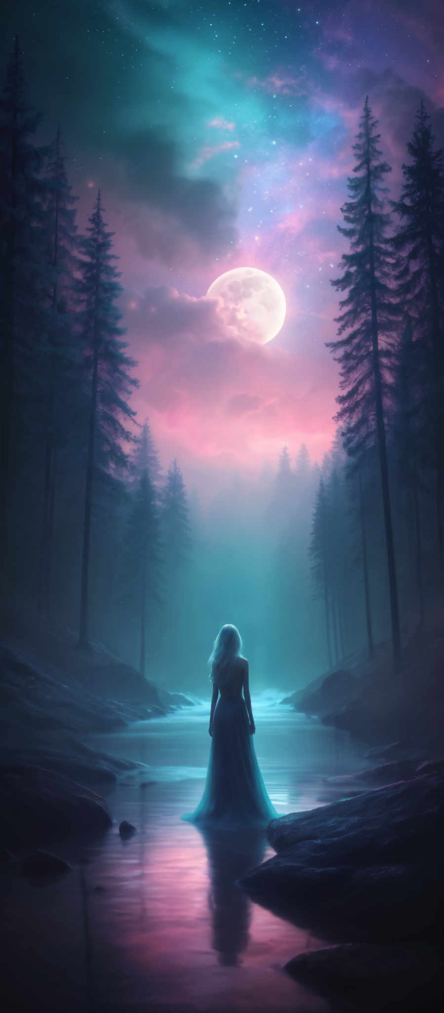 A woman in a blue dress stands in a forest under a full moon.