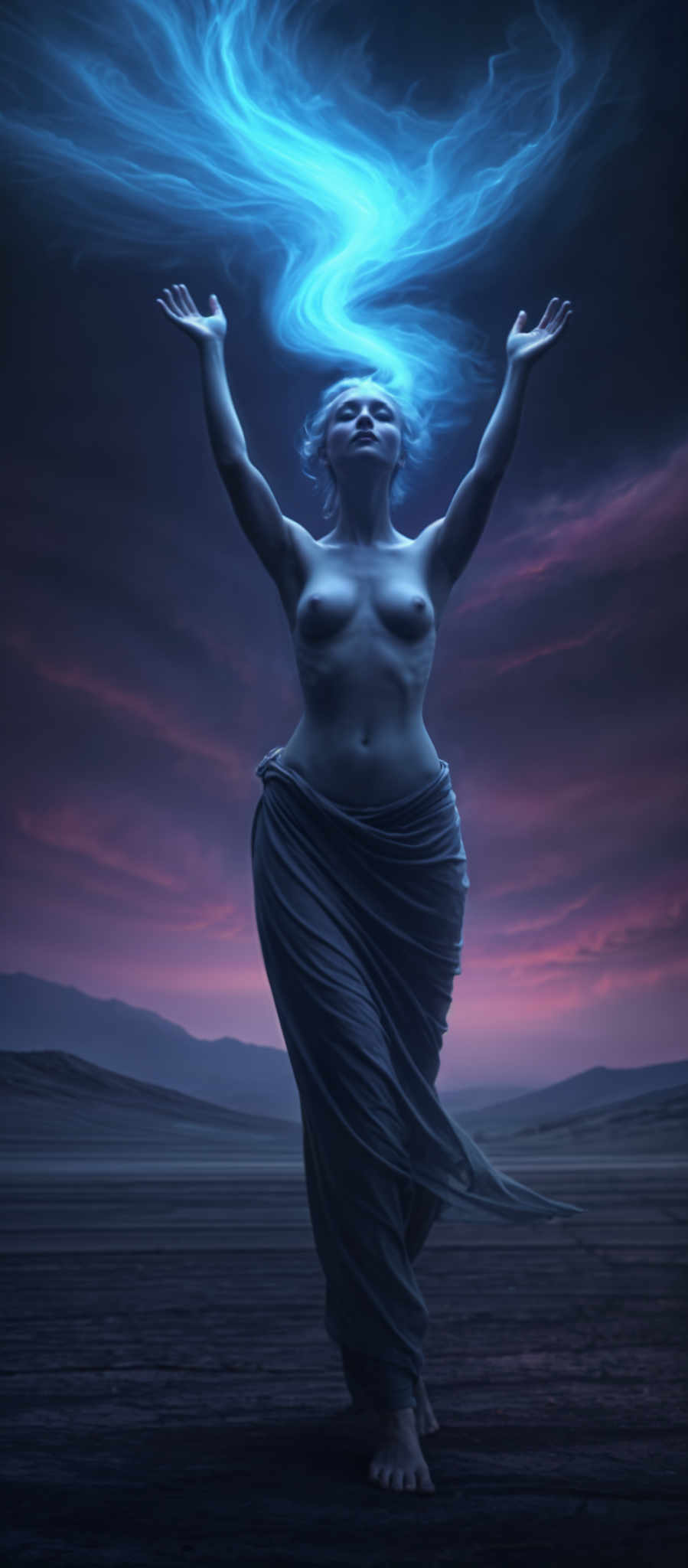 A woman with blue hair and a white body stands on a mountain top. She is wearing a flowing white dress and has her arms raised in the air. The sky behind her is a beautiful blend of pink and purple hues.