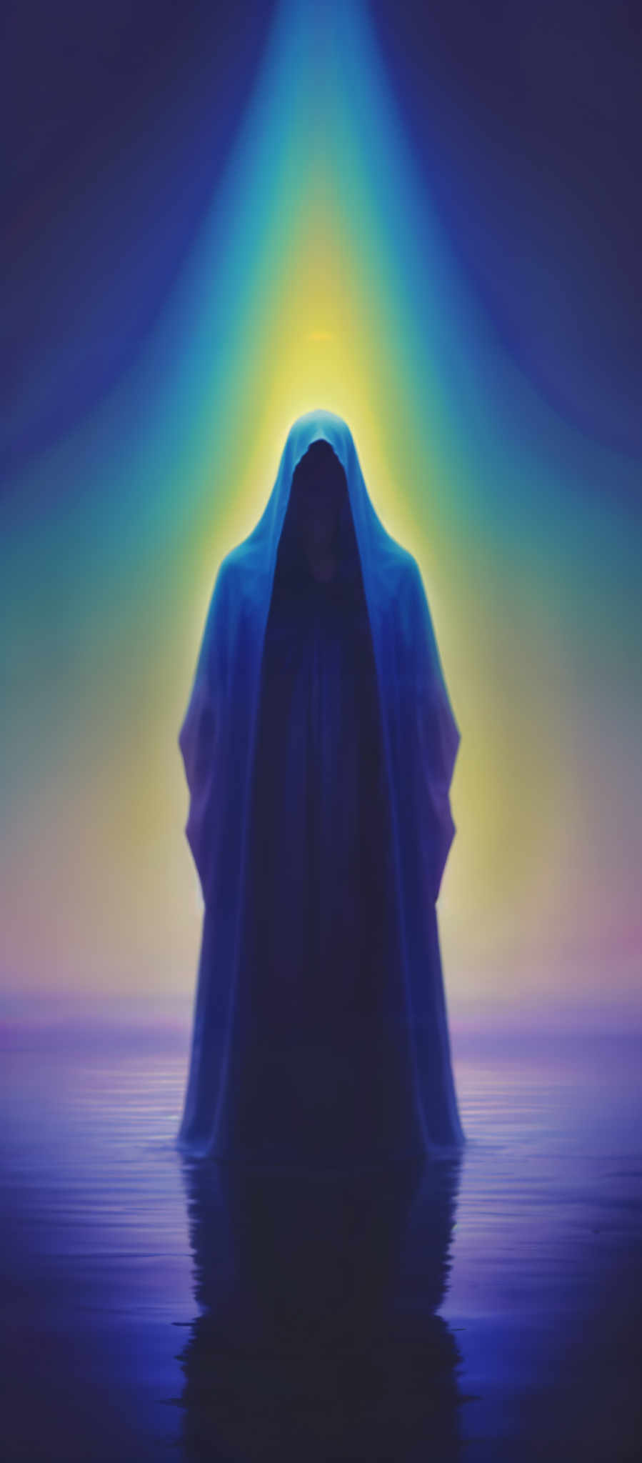 A blue hooded figure stands in a field of light.