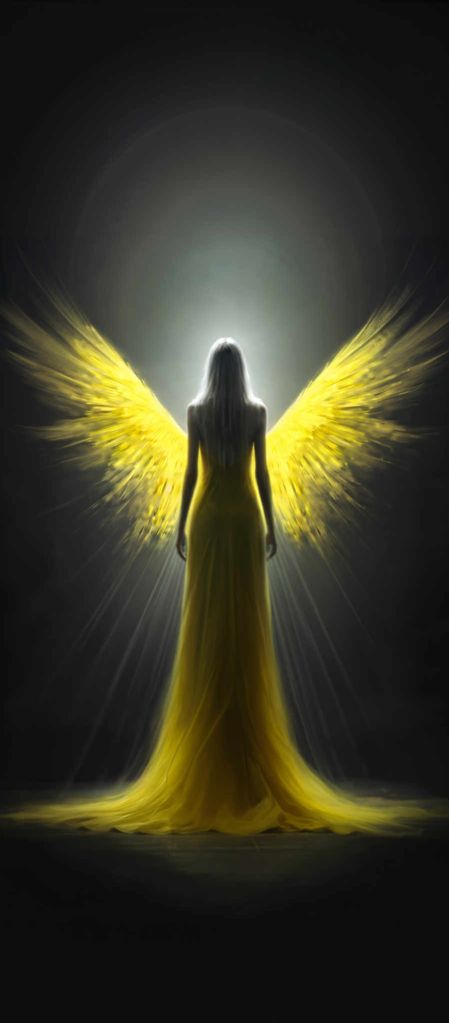 A woman in a long yellow dress with wings on her back.