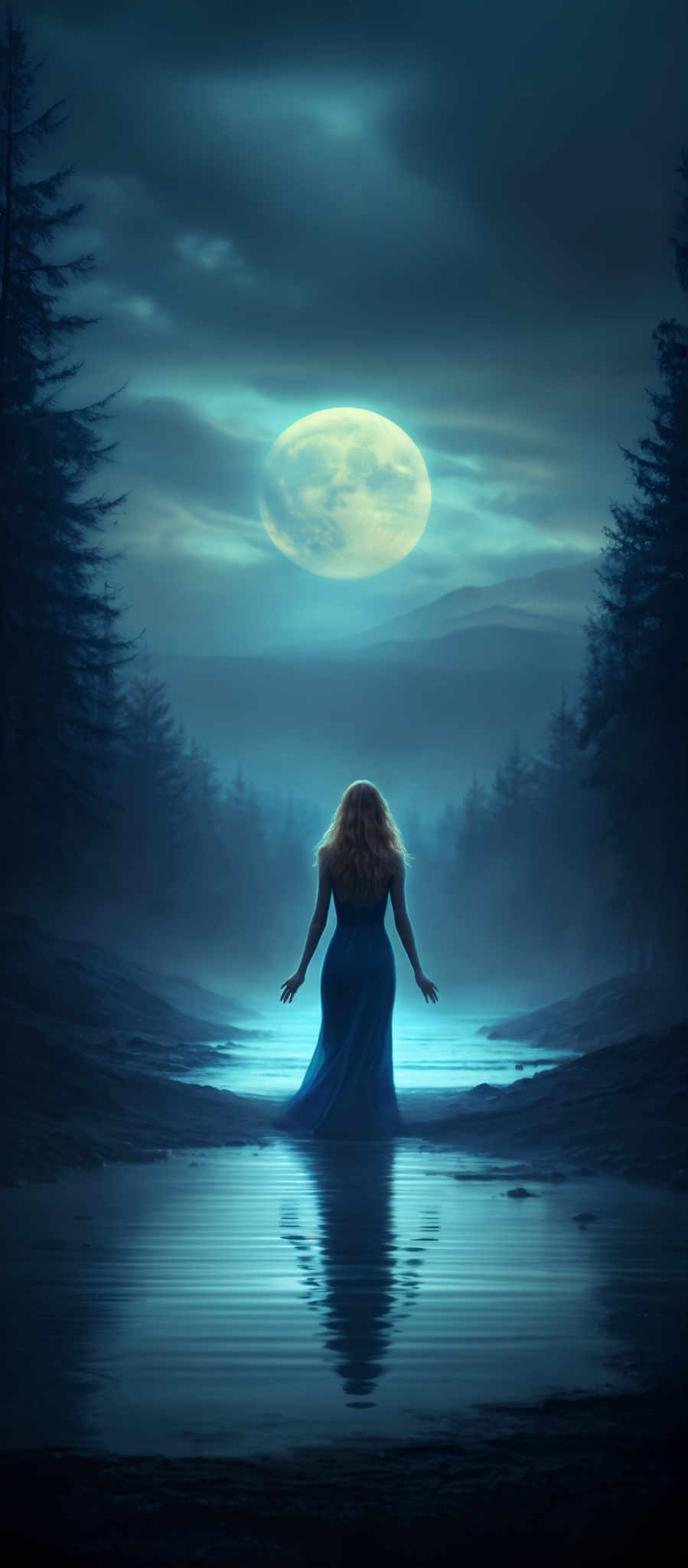 A woman in a blue dress stands in front of a full moon.