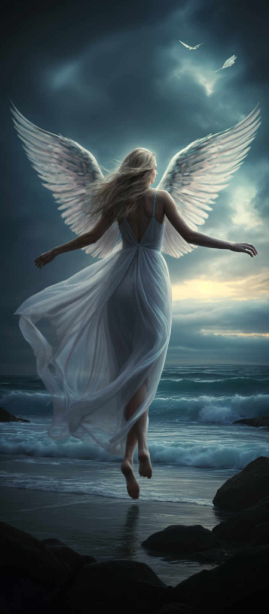 A woman with blonde hair and white wings stands on a beach. She is wearing a white dress and has her arms outstretched.