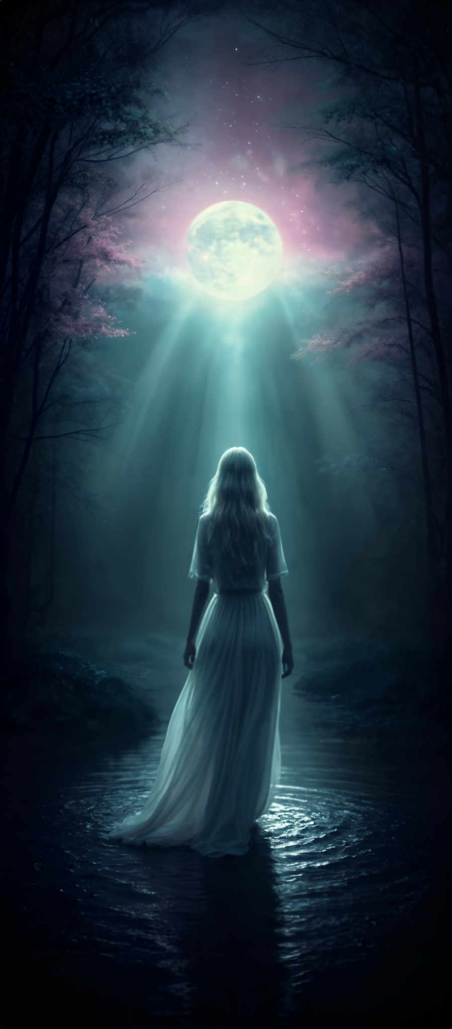 A woman in a white dress stands in a forest under a full moon.