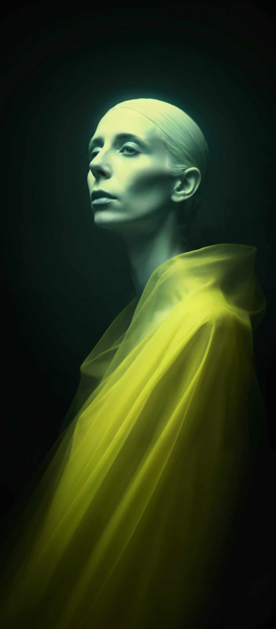 A woman with a yellow cape is shown in profile.