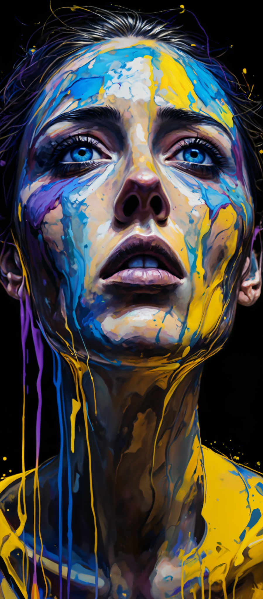 A close up of a face with blue yellow and purple paint splatters on it.