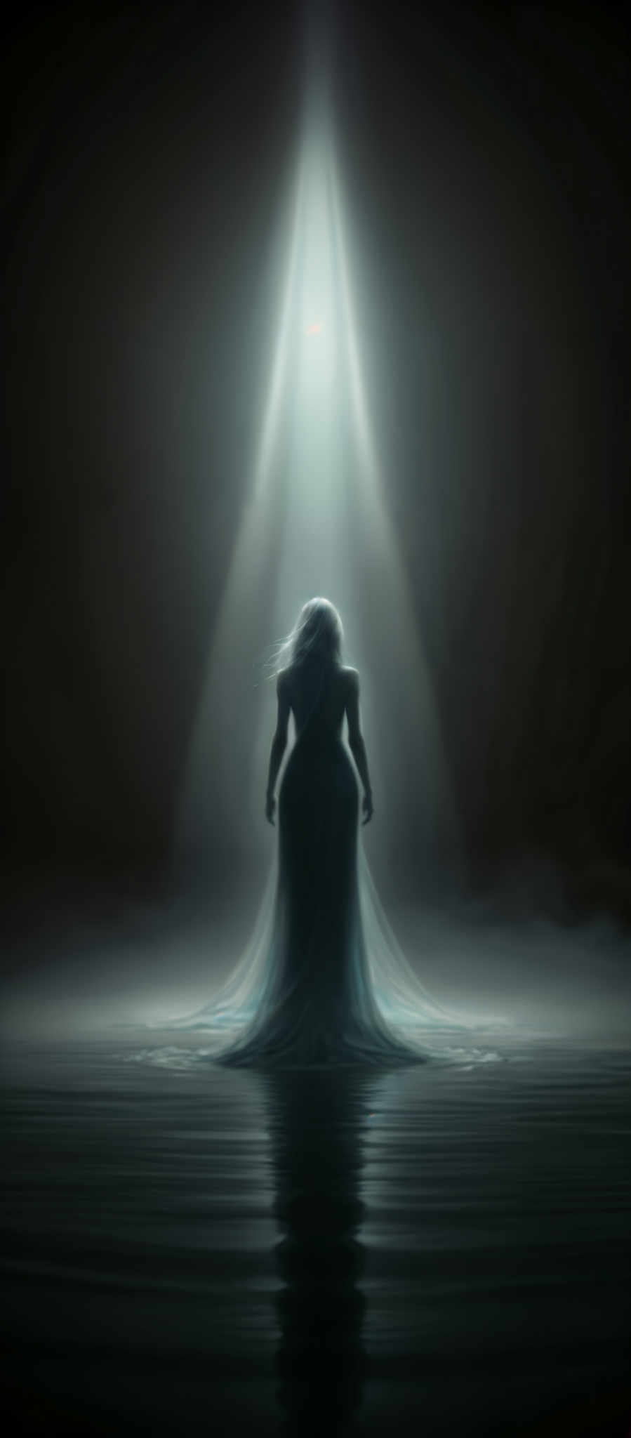 A woman in a long blue dress stands in a field of fog.