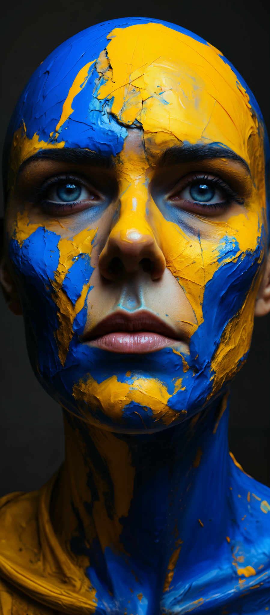 A woman's face is painted with blue and yellow paint. The paint is splattered and appears to be dripping down her face. Her eyes are blue and she is looking directly at the camera.