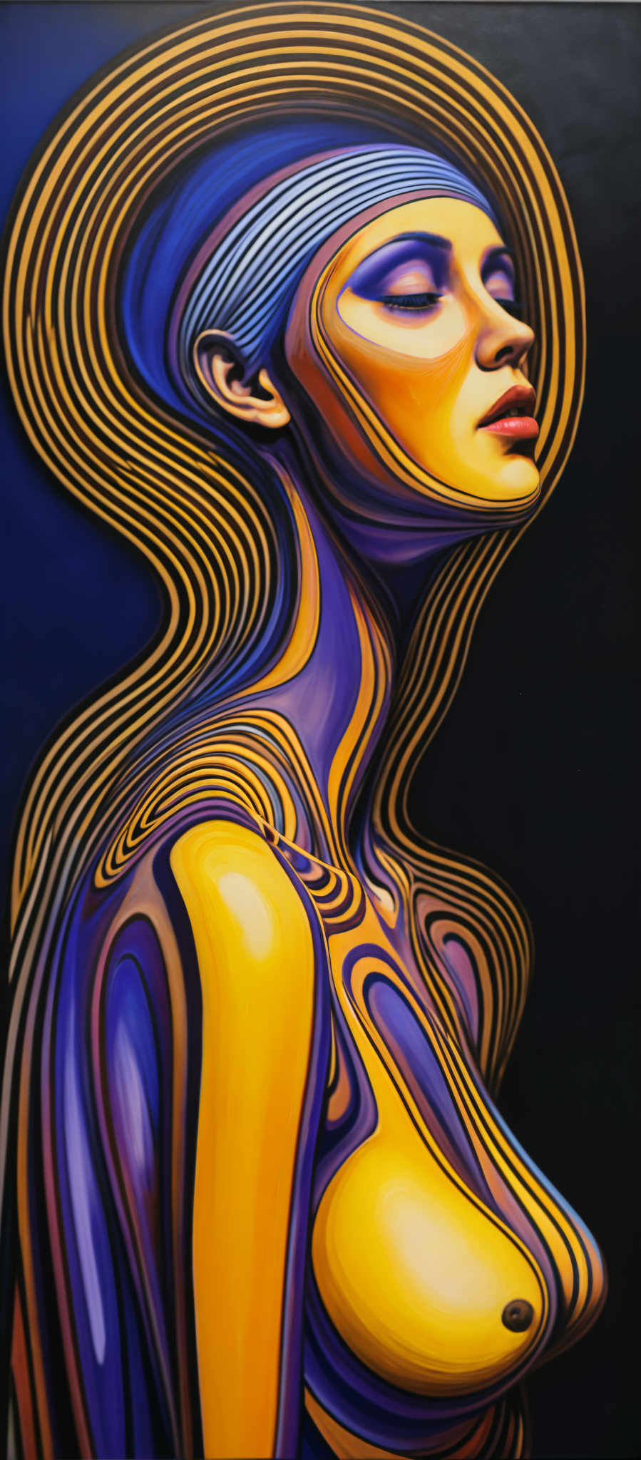 A woman's face is shown in a close-up view. Her hair is styled in a wave-like pattern and she is wearing a yellow dress. The background is a dark blue color with a striped pattern. The image is a digital art piece.