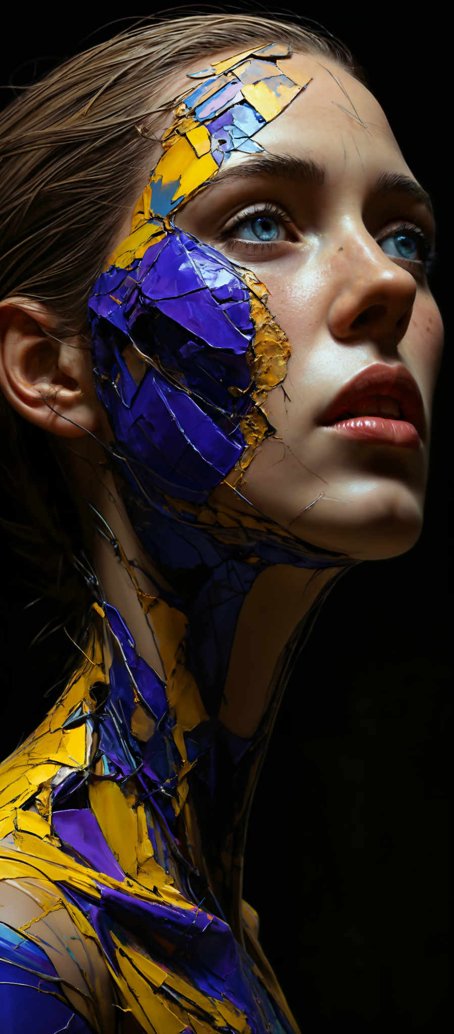 A close up of a woman's face with a blue and yellow mosaic pattern on her skin.