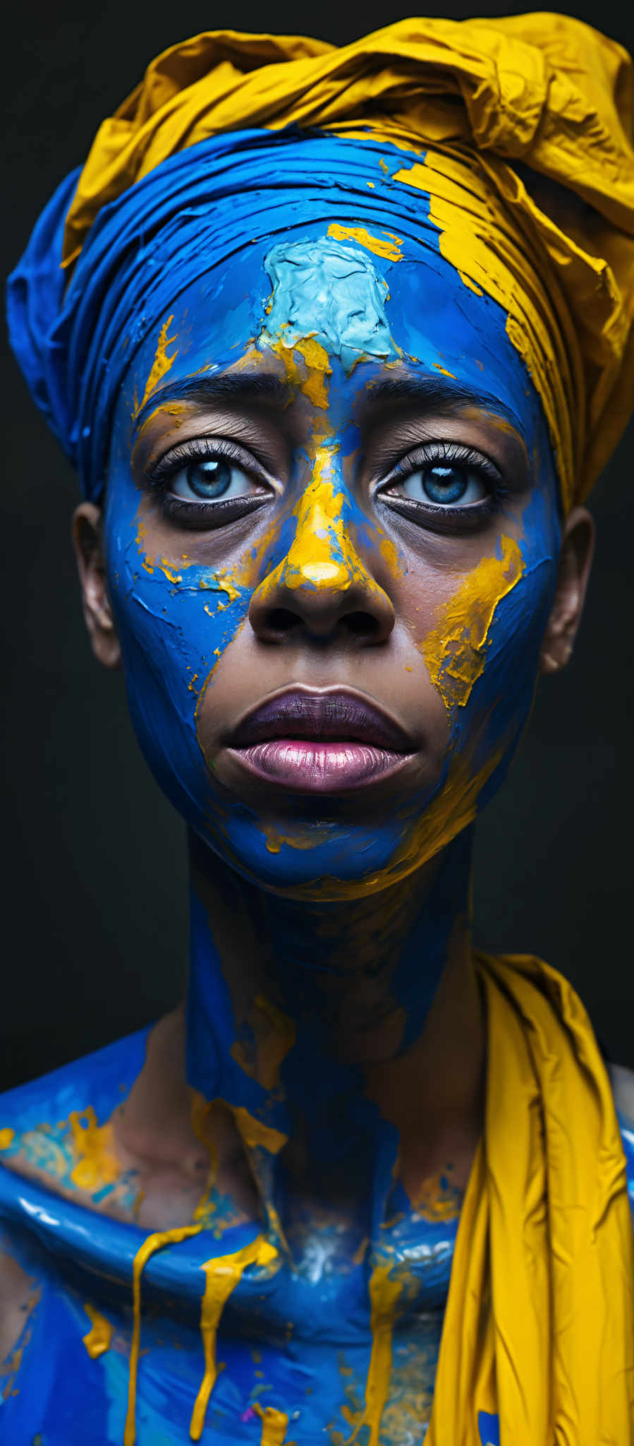 A woman with blue and yellow paint on her face.