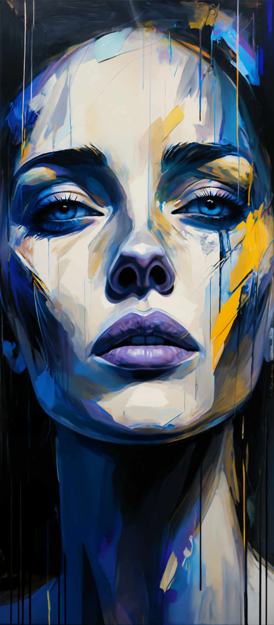 A woman's face is painted with blue and yellow colors.