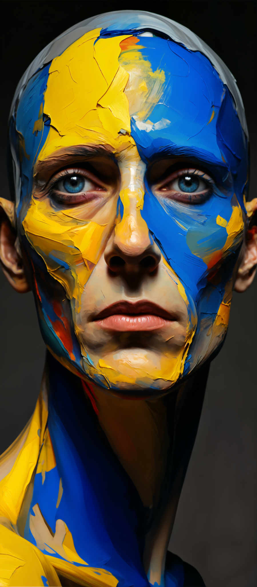 A close up of a person's face painted with blue and yellow paint. The person's eyes are blue and their nose is painted yellow. The paint is thick and appears to be hand applied. The background is black.