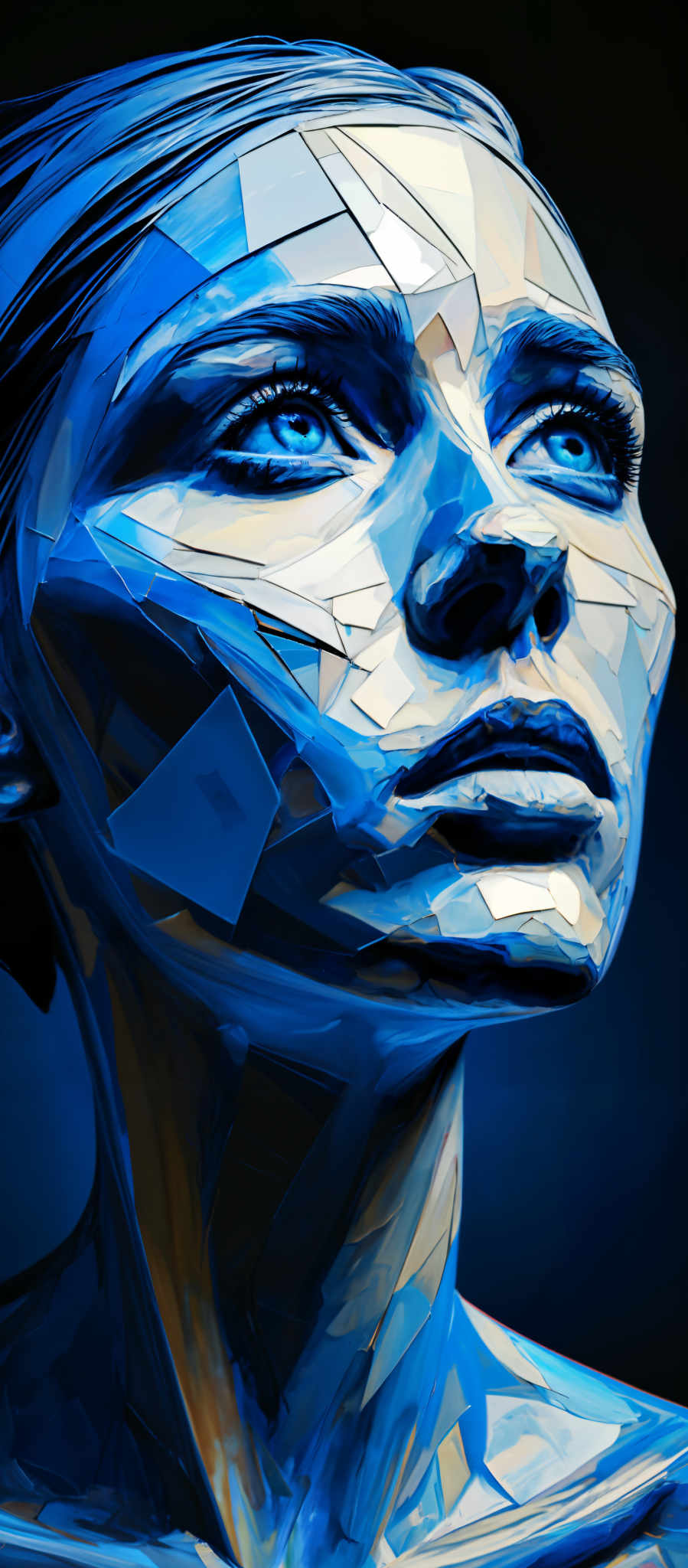 A close up of a woman's face composed of blue and white geometric shapes.