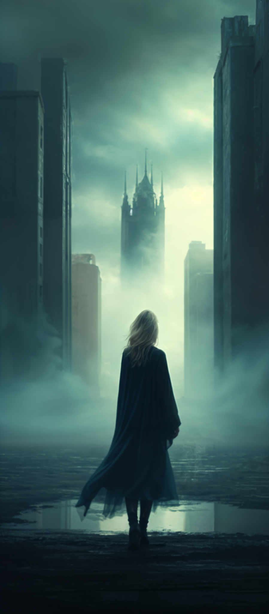 A woman in a long blue coat stands in front of a tall building with a clock tower. The building is surrounded by fog giving it an ethereal appearance. The woman is looking up at the building perhaps in awe or curiosity. The clock tower is visible above the fog standing tall and majestic. The sky is a dark blue color adding to the mysterious atmosphere of the scene. The image is a beautiful blend of architecture and nature with the woman adding a human element to the scene.

The woman's long blue cloak billows slightly in the wind suggesting a breeze. The fog surrounding the building gives the impression of a misty day. The tall building in the background is made of stone and has a clock on its front indicating that it is a public building. The overall scene is one of mystery and intrigue with a sense of wonder and curiosity.