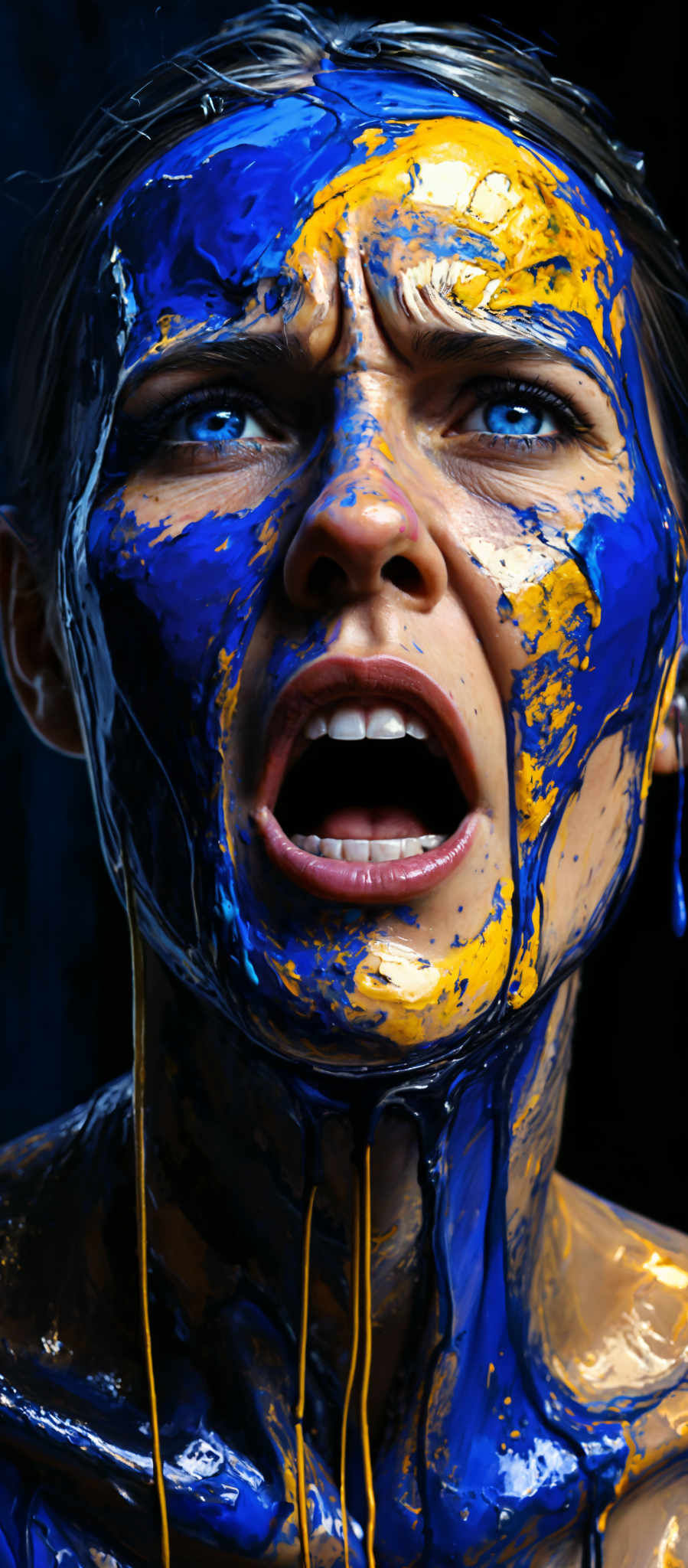 A woman with blue and yellow paint on her face is screaming.