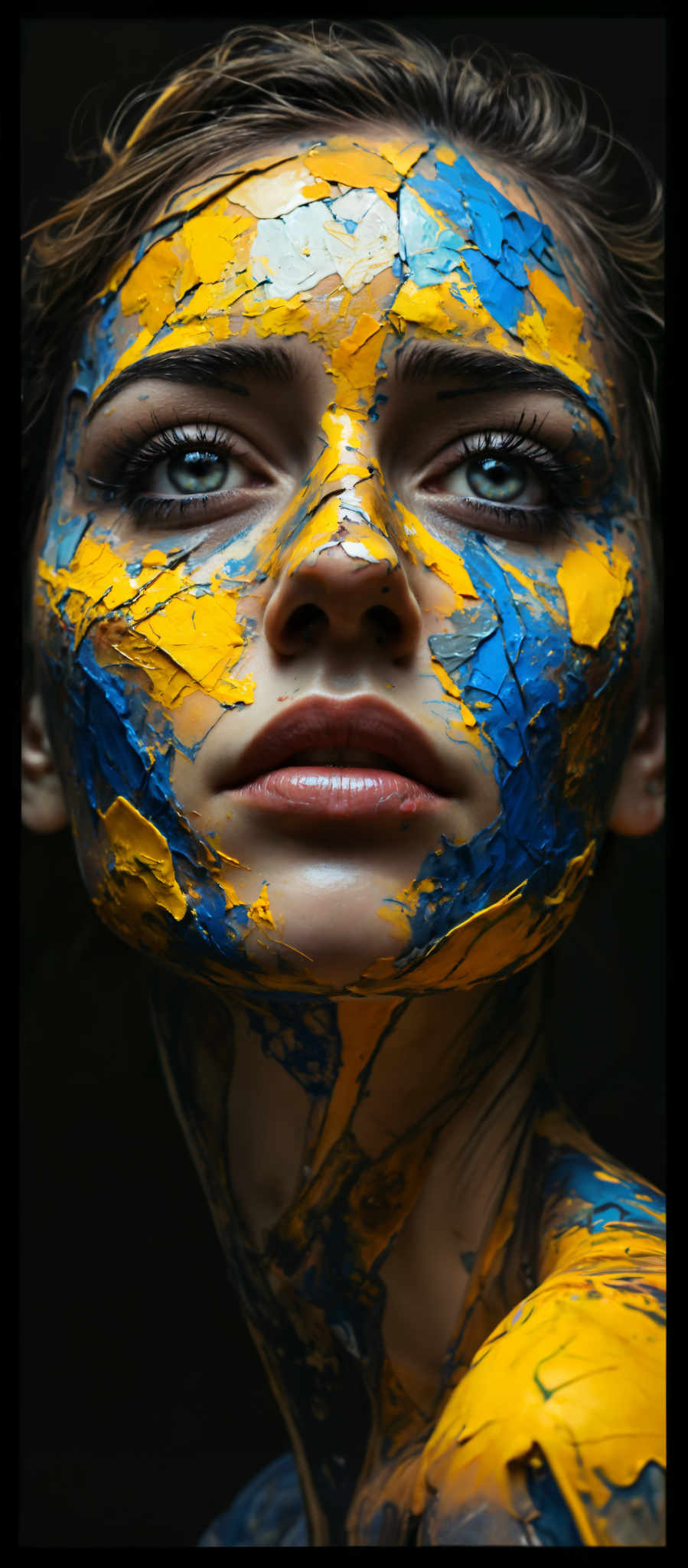 A woman's face is painted with blue and yellow paint.