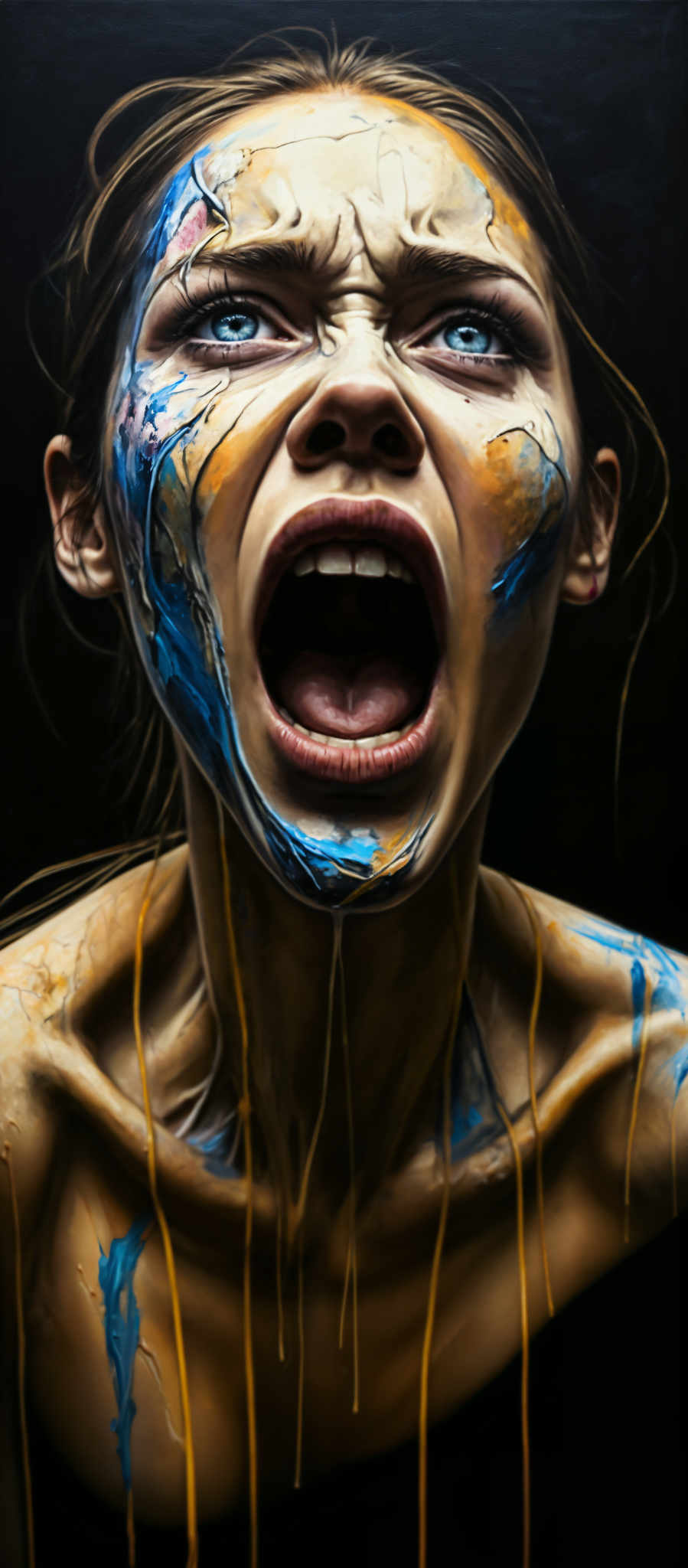 A woman with blue and yellow paint on her face is screaming.