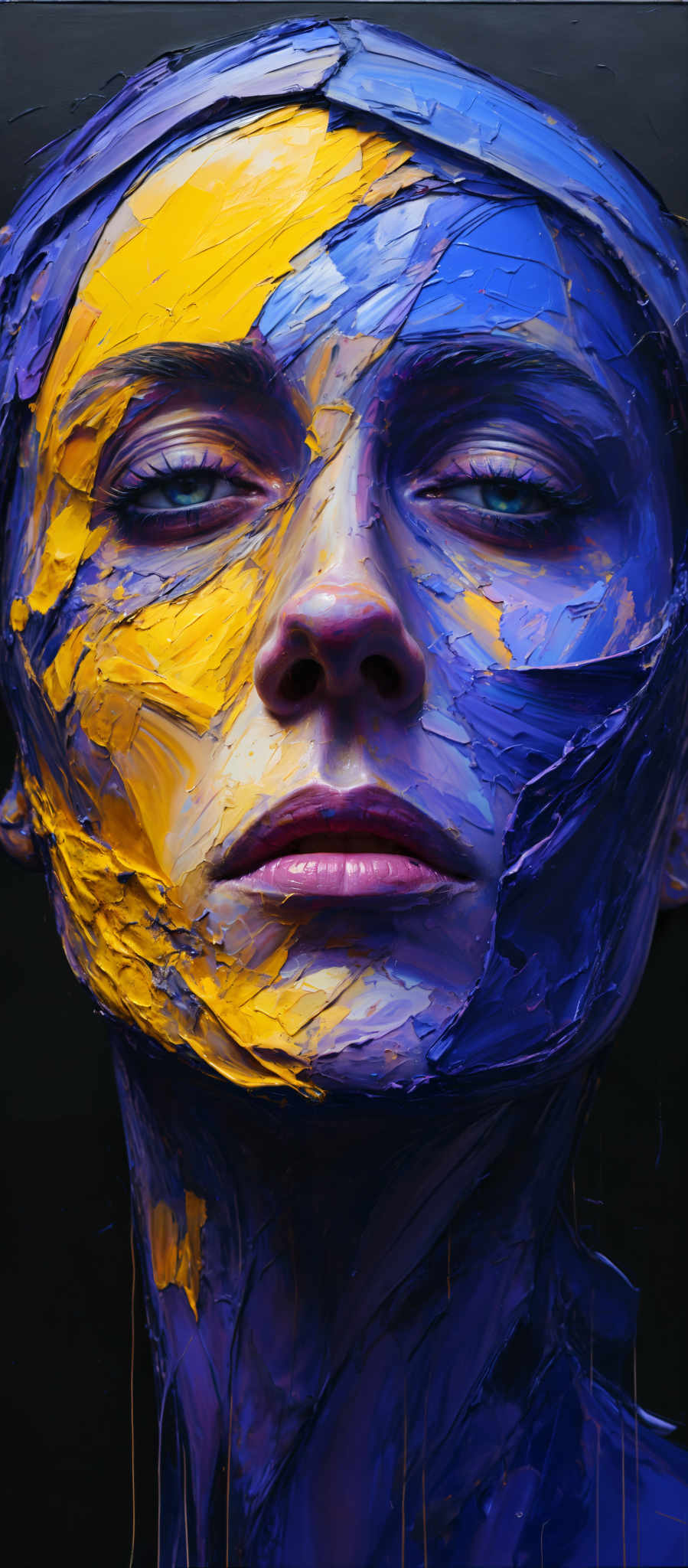 A close up of a woman's face painted in blue and yellow.